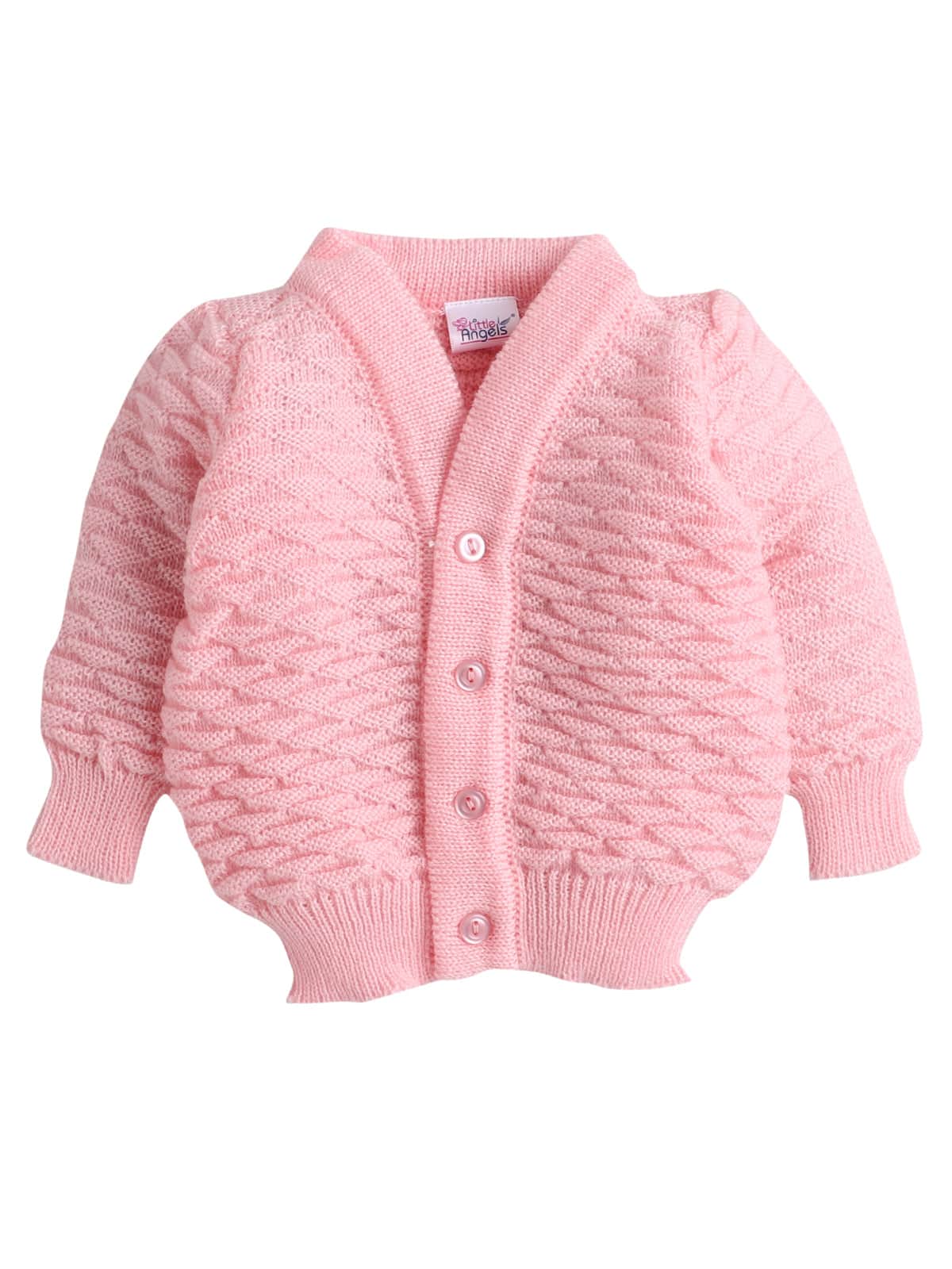 Little Angels Little Angels Sweater Set Baby Wool Full Sleeves V-Neck Solid with Pyramid Design Peach 3-Piece Set Sweater Sets Diamond Buds Baby Knitwear Set