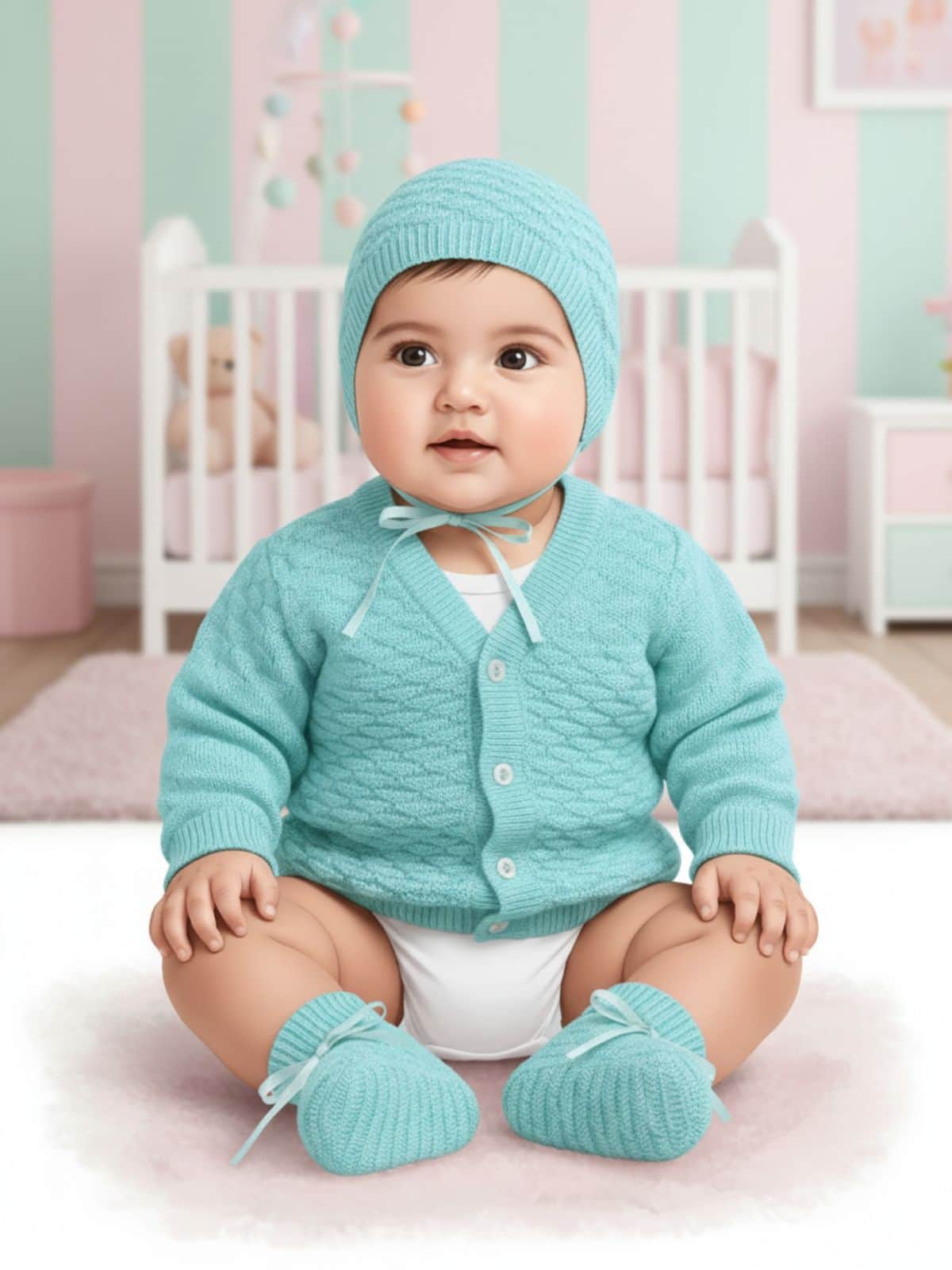 Little Angels Little Angels Sweater Set Baby Wool Full Sleeves V-Neck Solid with Pyramid Design Cream 3-Piece Set Sweater Sets Diamond Buds Baby Knitwear Set