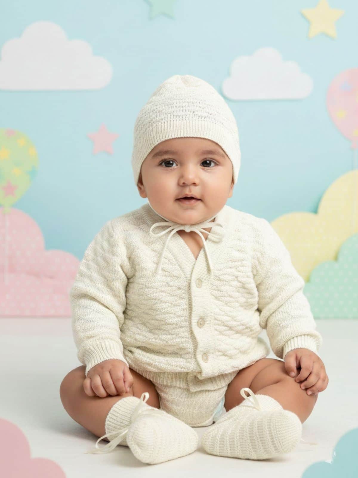 Little Angels Little Angels Sweater Set Baby Wool Full Sleeves V-Neck Solid with Pyramid Design Cream 3-Piece Set Sweater Sets Diamond Buds Baby Knitwear Set