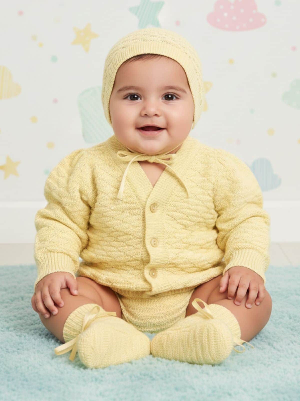 Little Angels Little Angels Sweater Set Baby Wool Full Sleeves V-Neck Solid with Pyramid Design Peach 3-Piece Set Sweater Sets Diamond Buds Baby Knitwear Set