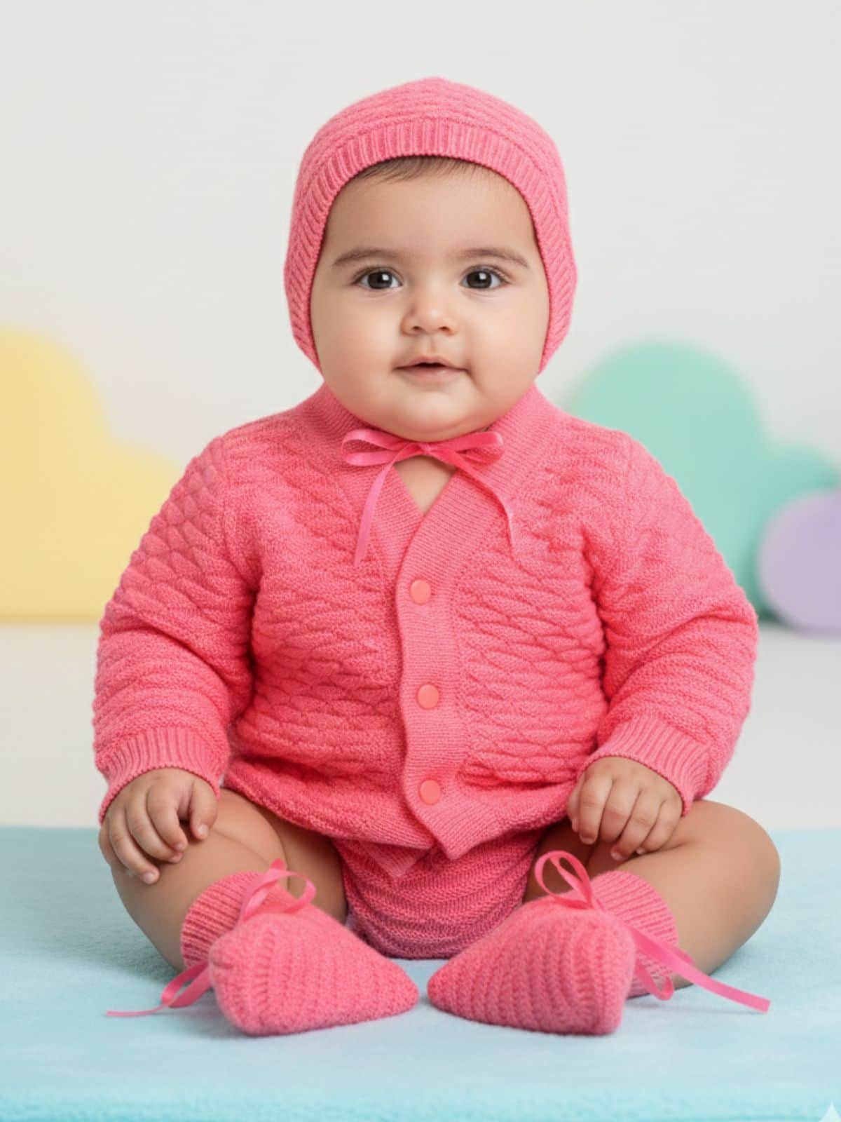 Little Angels Little Angels Sweater Set Baby Wool Full Sleeves V-Neck Solid with Pyramid Design Peach 3-Piece Set Sweater Sets Diamond Buds Baby Knitwear Set