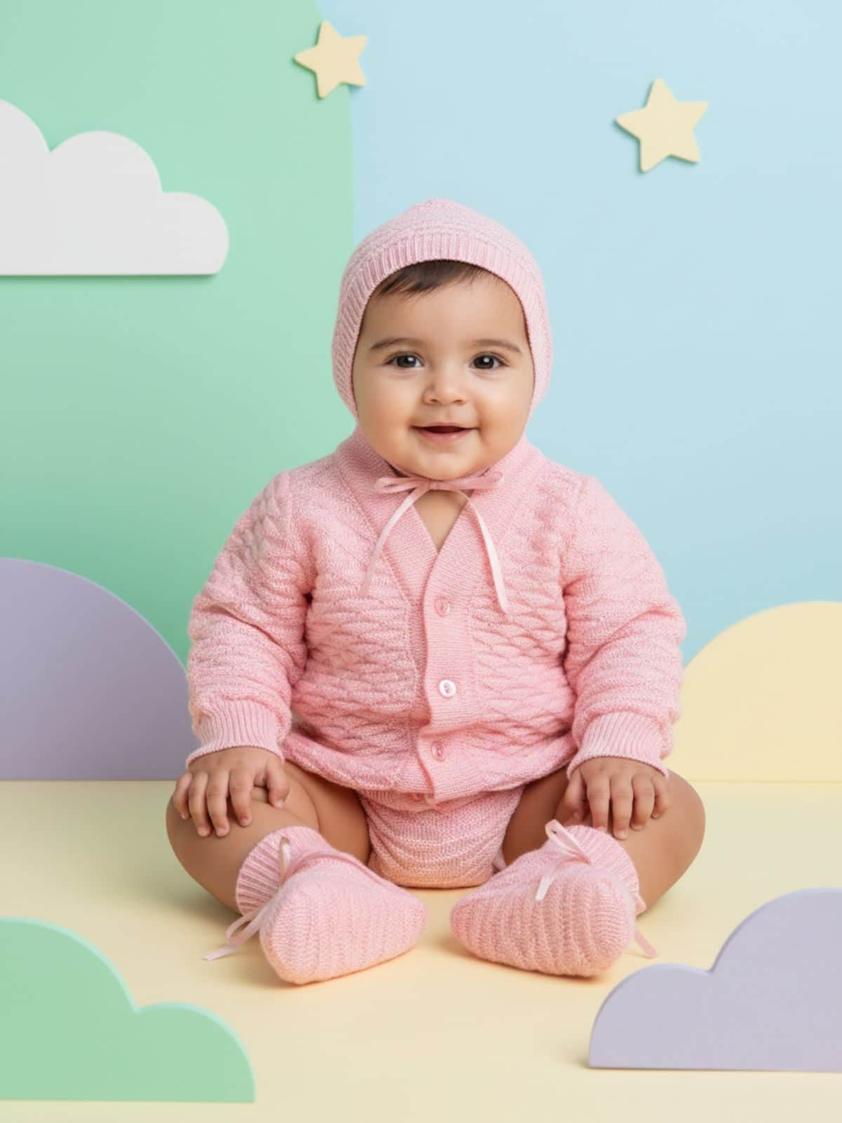 Little Angels Little Angels Sweater Set Baby Wool Full Sleeves V-Neck Solid with Pyramid Design Peach 3-Piece Set Sweater Sets Diamond Buds Baby Knitwear Set