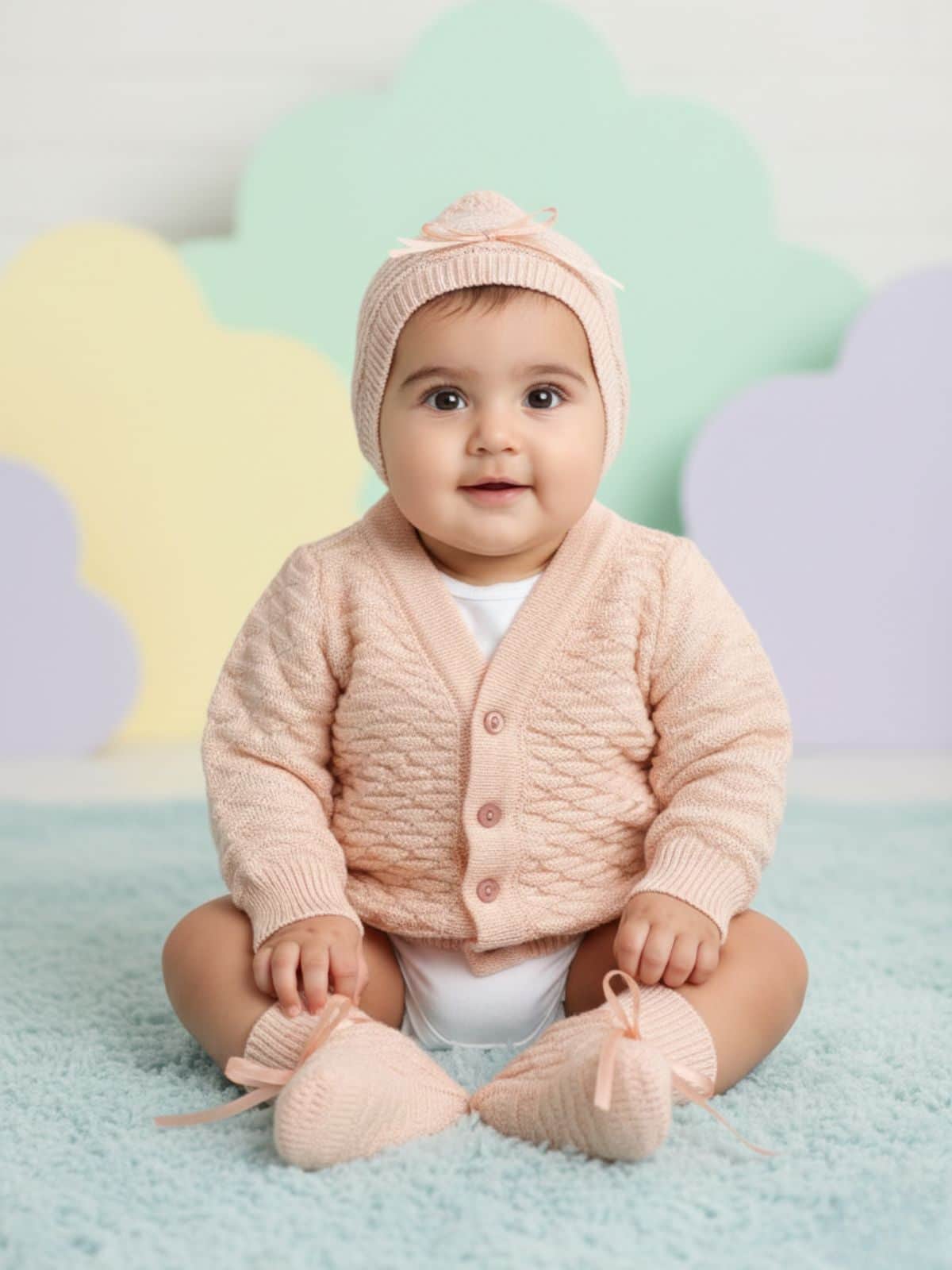 Little Angels Little Angels Sweater Set Baby Wool Full Sleeves V-Neck Solid with Pyramid Design Peach 3-Piece Set Sweater Sets Diamond Buds Baby Knitwear Set