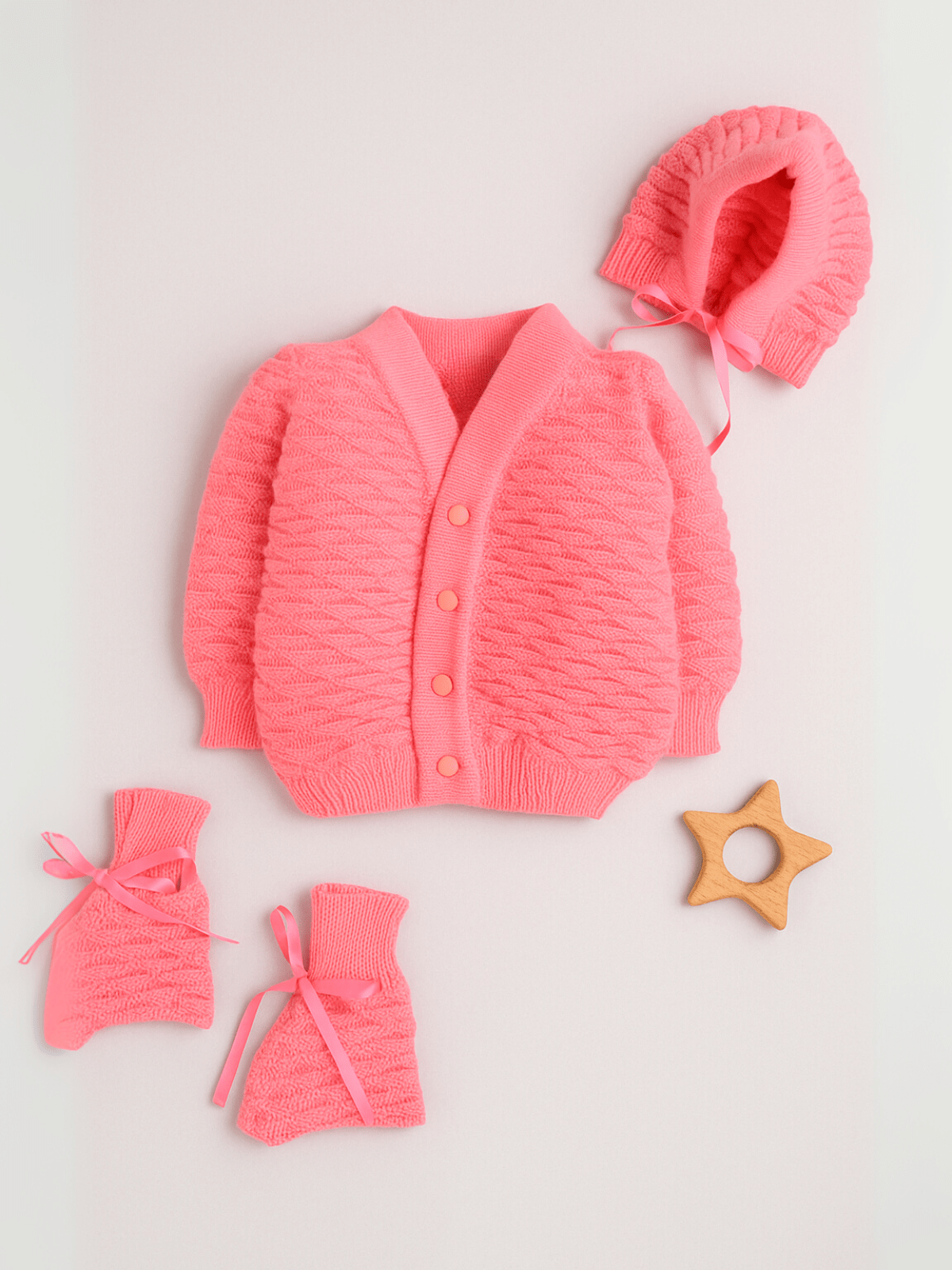 Little Angels Little Angels Sweater Set Baby Wool Full Sleeves V-Neck Solid with Pyramid Design Peach 3-Piece Set Sweater Sets Diamond Buds Baby Knitwear Set 3-6 M / Neon Pink / Baby Wool