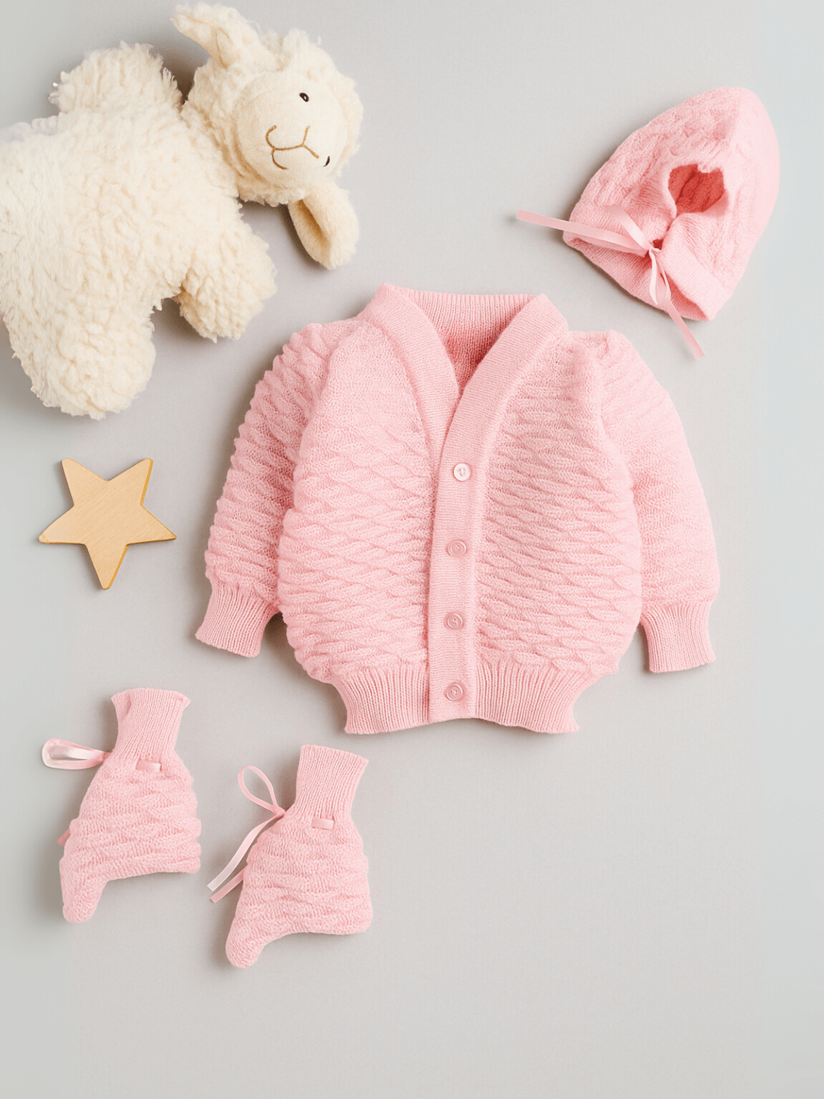 Little Angels Little Angels Sweater Set Baby Wool Full Sleeves V-Neck Solid with Pyramid Design Peach 3-Piece Set Sweater Sets Diamond Buds Baby Knitwear Set 3-6 M / Pink / Baby Wool