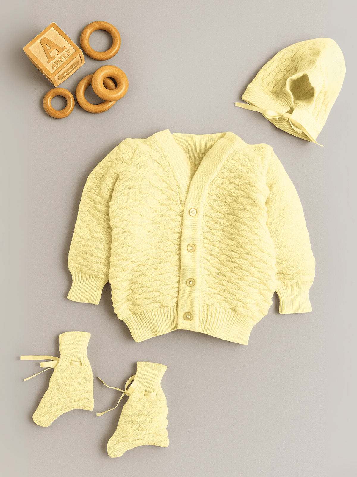 Little Angels Little Angels Sweater Set Baby Wool Full Sleeves V-Neck Solid with Pyramid Design Peach 3-Piece Set Sweater Sets Diamond Buds Baby Knitwear Set 3-6 M / Yellow / Baby Wool