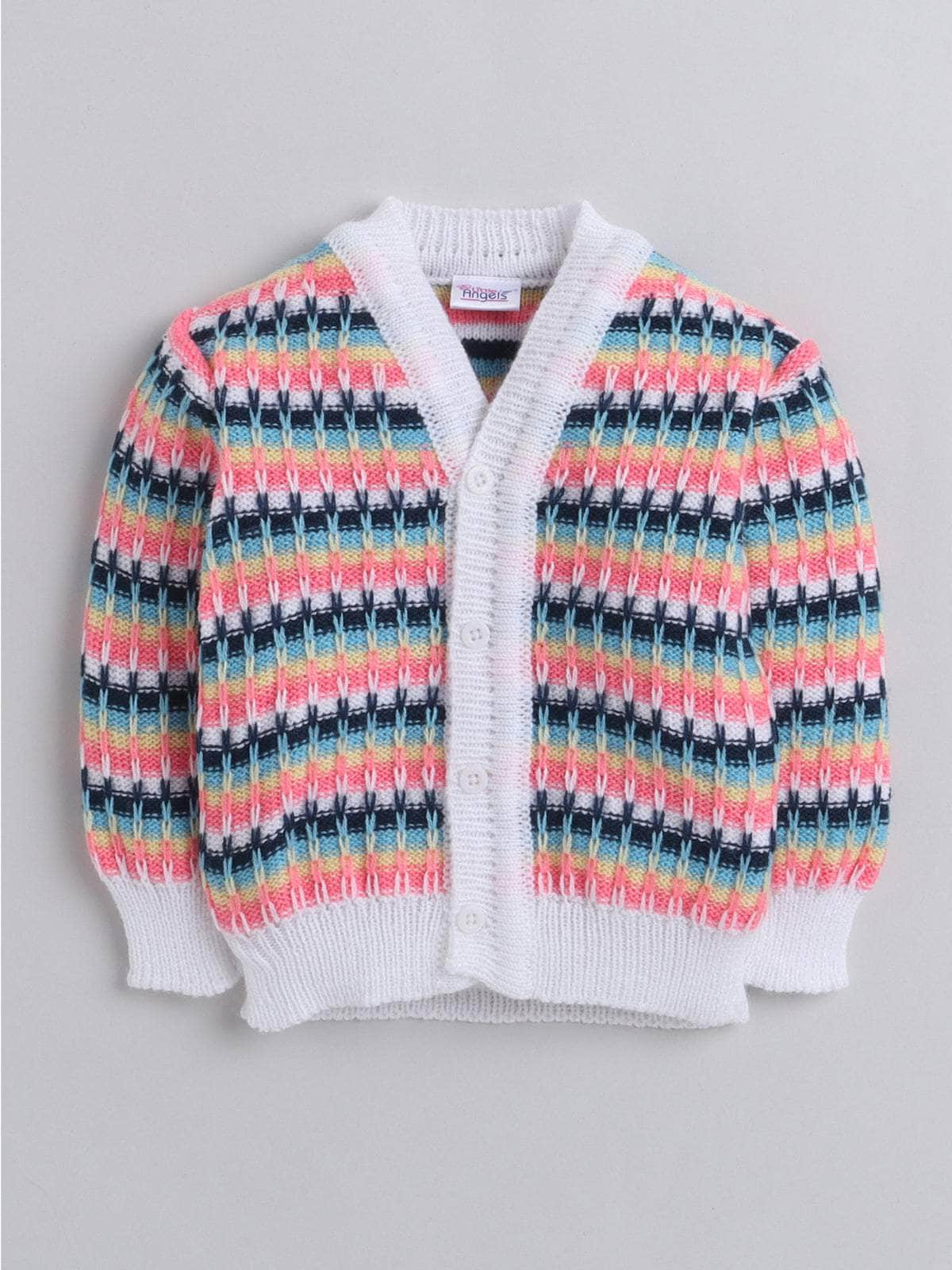 Little Angels Little Angels V-Neck Full Sleeves Striped White & Orange Cardigan, Pants, Cap & Socks Sweater Sets Frosty Fun Knit Set