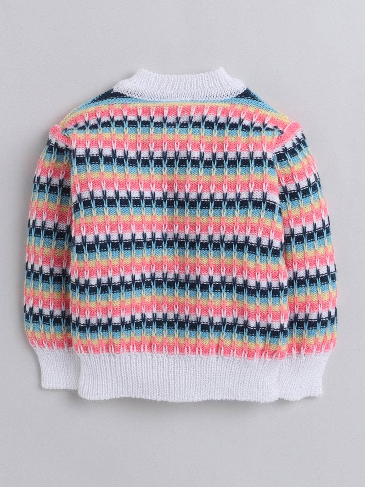 Little Angels Little Angels V-Neck Full Sleeves Striped White & Orange Cardigan, Pants, Cap & Socks Sweater Sets Frosty Fun Knit Set