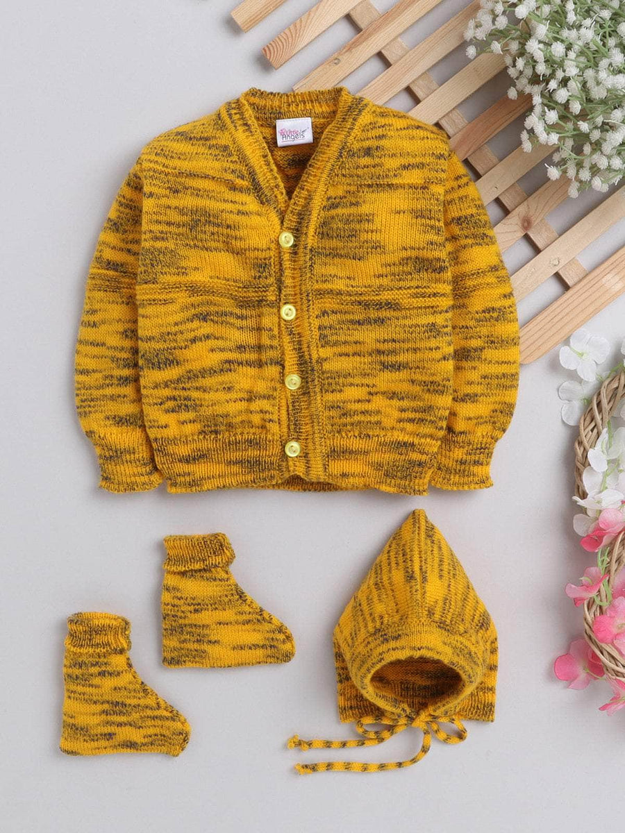 Yellow tiger pattern 3-piece baby wool sweater set for newborn 0-12 months by Little Angels