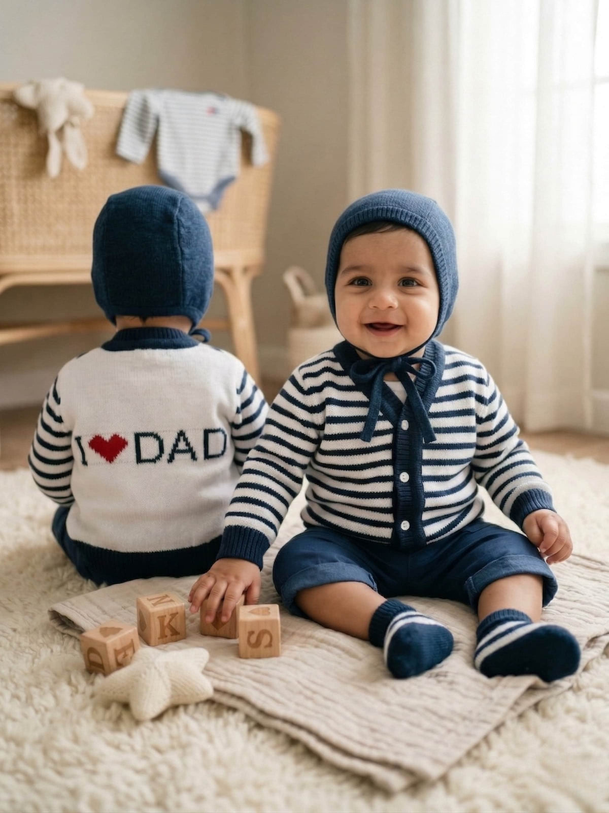 Navy fair isle knit 3-piece baby wool sweater set for newborn 0-12 months by Little Angels