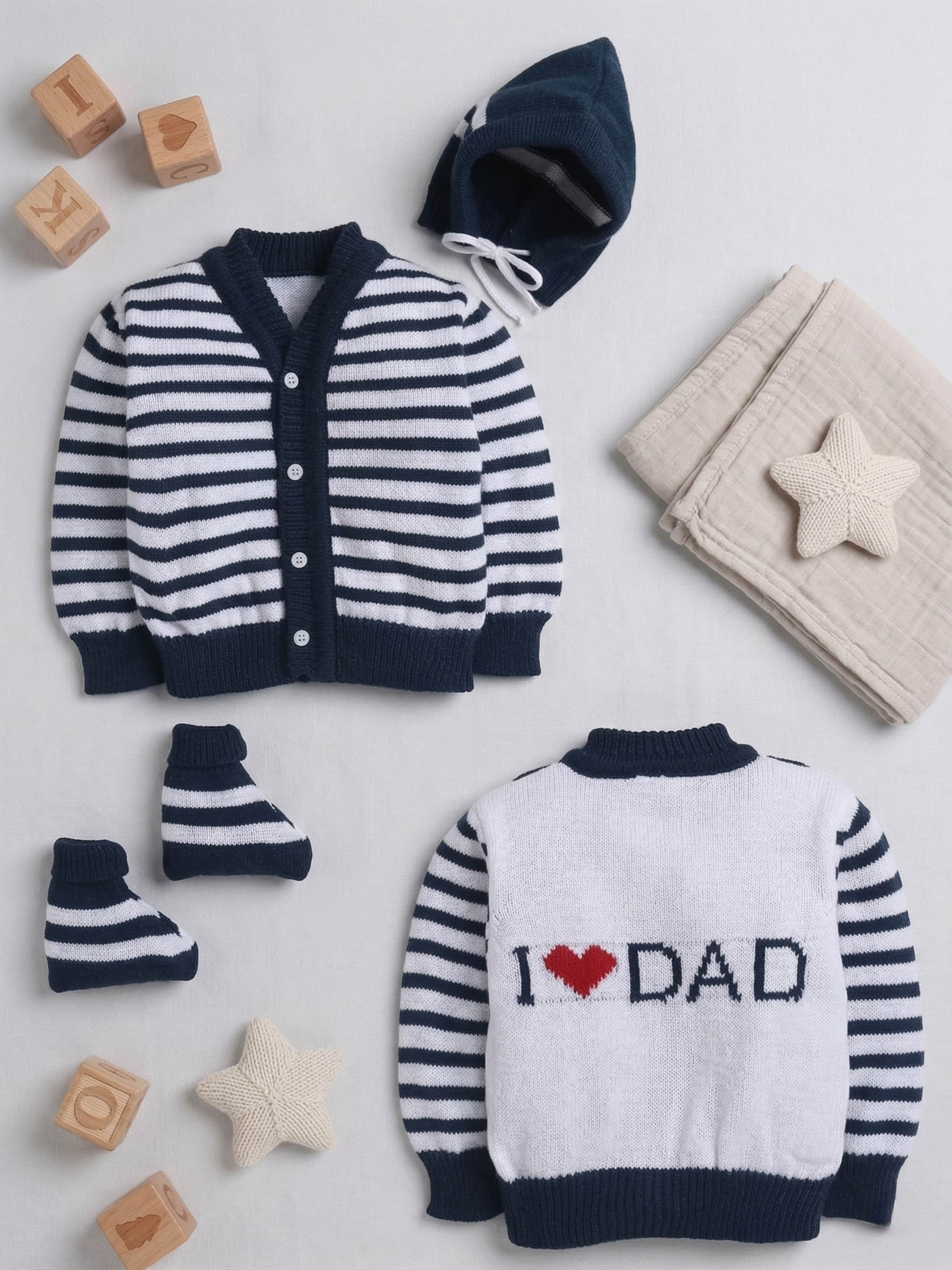 Little Angels Little Angels Sweater Set Baby Wool Full Sleeves V-Neck Fair Isle Knitted Red 3-Piece Set Sweater Sets ‘I Love Dad’ Navy & White Striped Woollen Cardigan