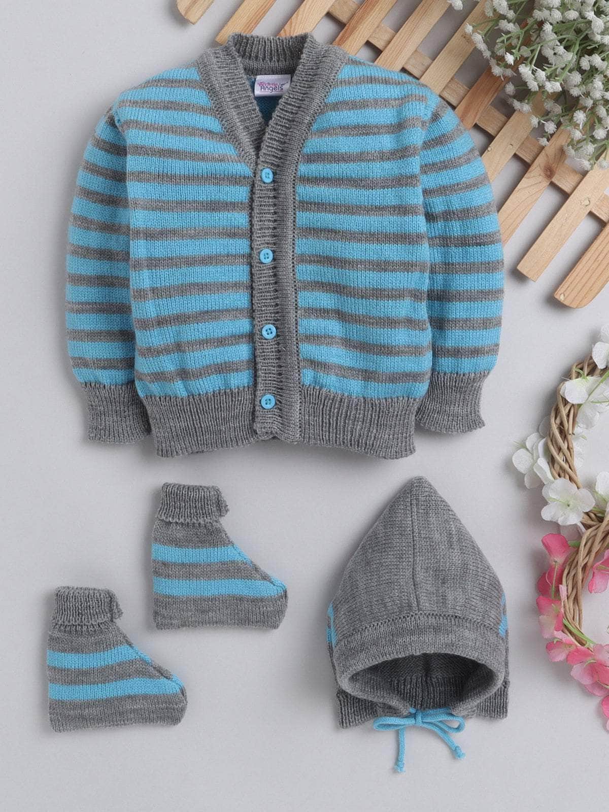 Little Angels Little Angels Sweater Set Baby Wool Full Sleeves V-Neck Fair Isle Knitted Red 3-Piece Set Sweater Sets I Love Mama Striped Woollen Cardigan 0-3M / Grey & Blue / Baby Wool