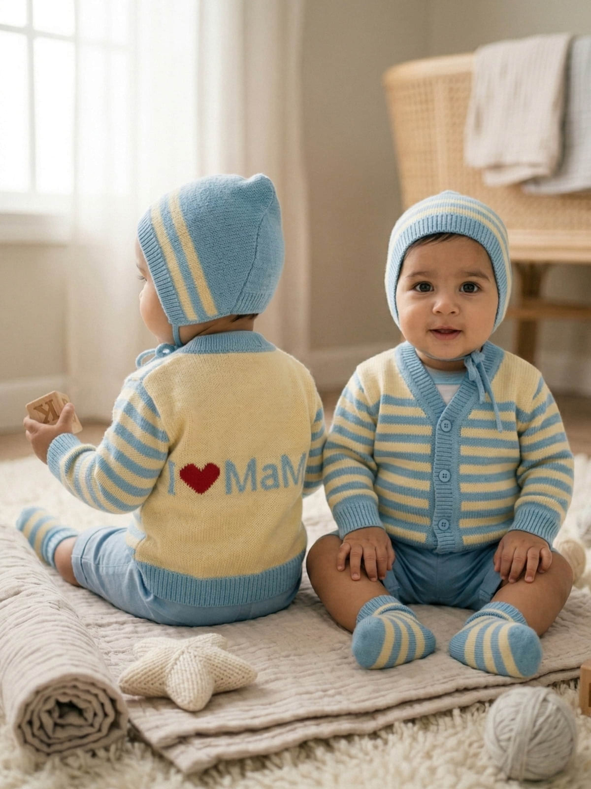 Green fair isle knit 3-piece baby wool sweater set for newborn 0-12 months, V-neck by Little Angels