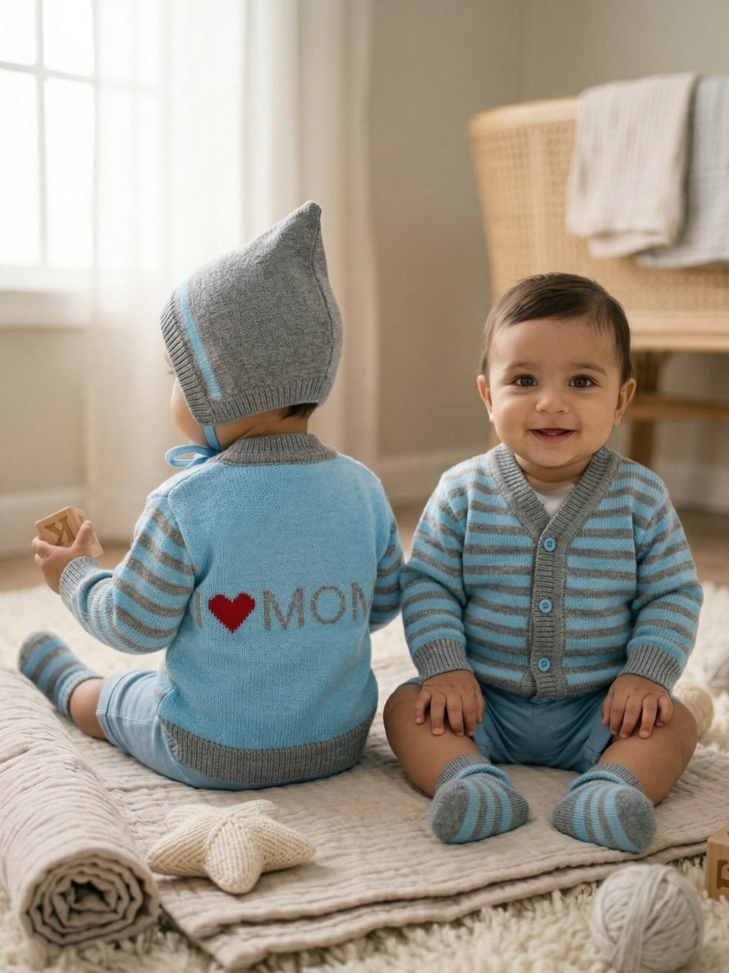Little Angels Little Angels Sweater Set Baby Wool Full Sleeves V-Neck Fair Isle Knitted Red 3-Piece Set Sweater Sets I Love Mom Striped Woollen Cardigan Set 0-3 M / Grey / Wool