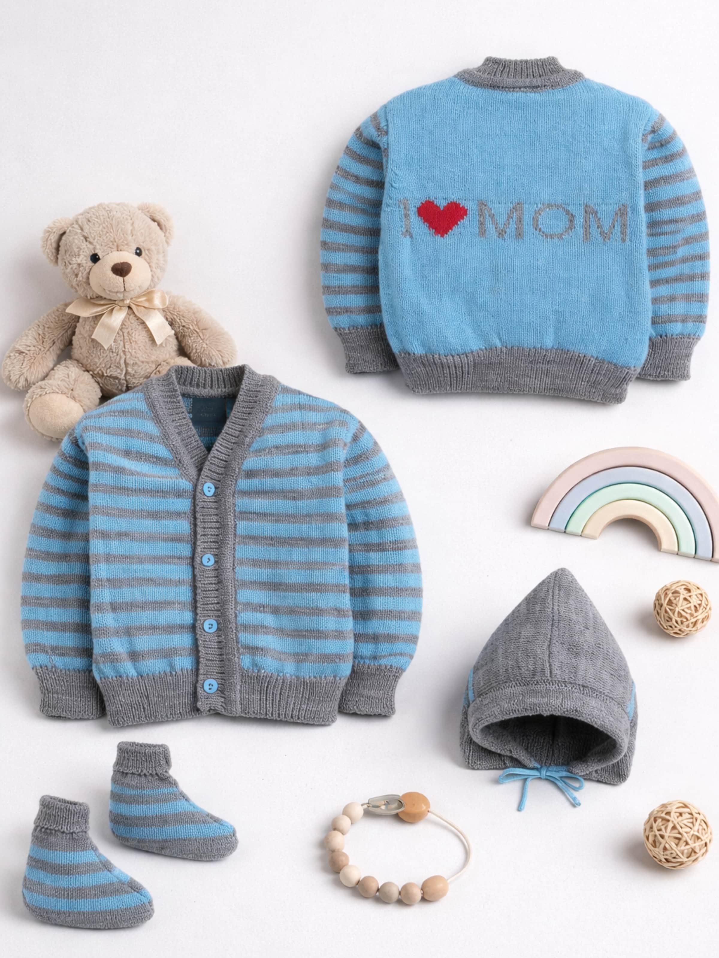 Little Angels Little Angels Sweater Set Baby Wool Full Sleeves V-Neck Fair Isle Knitted Red 3-Piece Set Sweater Sets I Love Mom Striped Woollen Cardigan Set