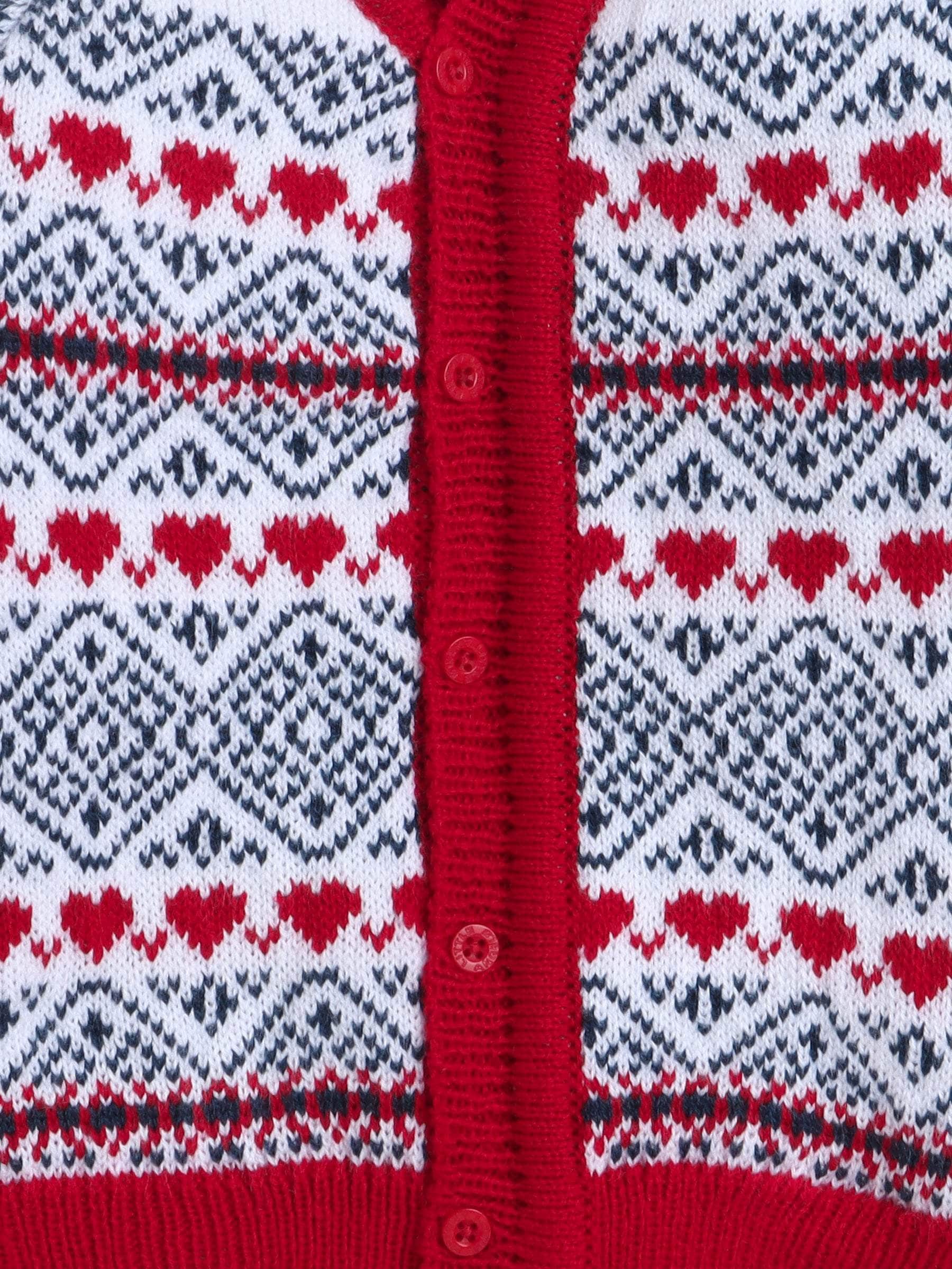 Little Angels Little Angels V-Neck Full Sleeves Fair Isle Red & White Cardigan, Pants, Cap & Socks Sweater Sets Jolly Hearts Winter Knit Set