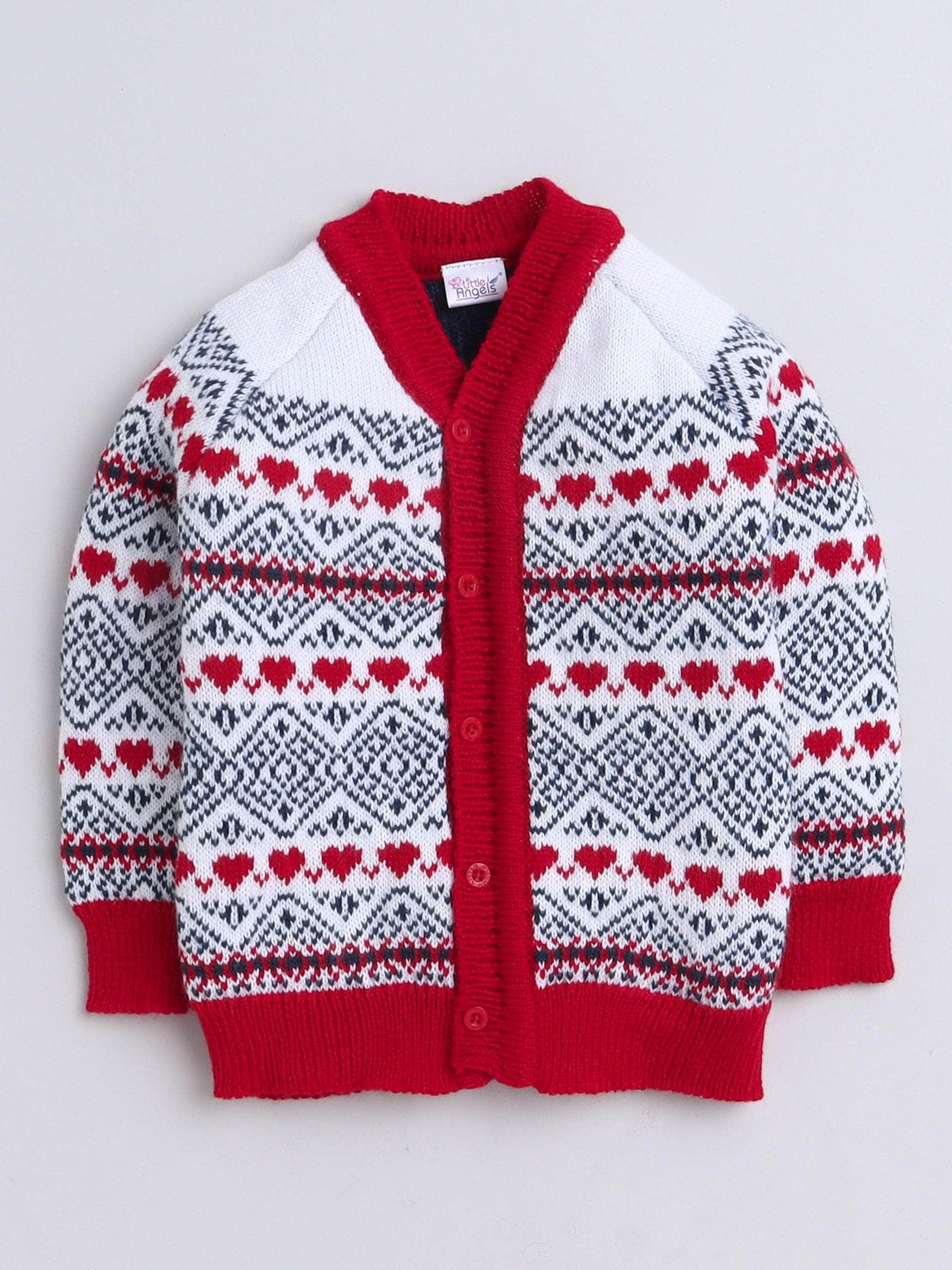 Little Angels Little Angels V-Neck Full Sleeves Fair Isle Red & White Cardigan, Pants, Cap & Socks Sweater Sets Jolly Hearts Winter Knit Set