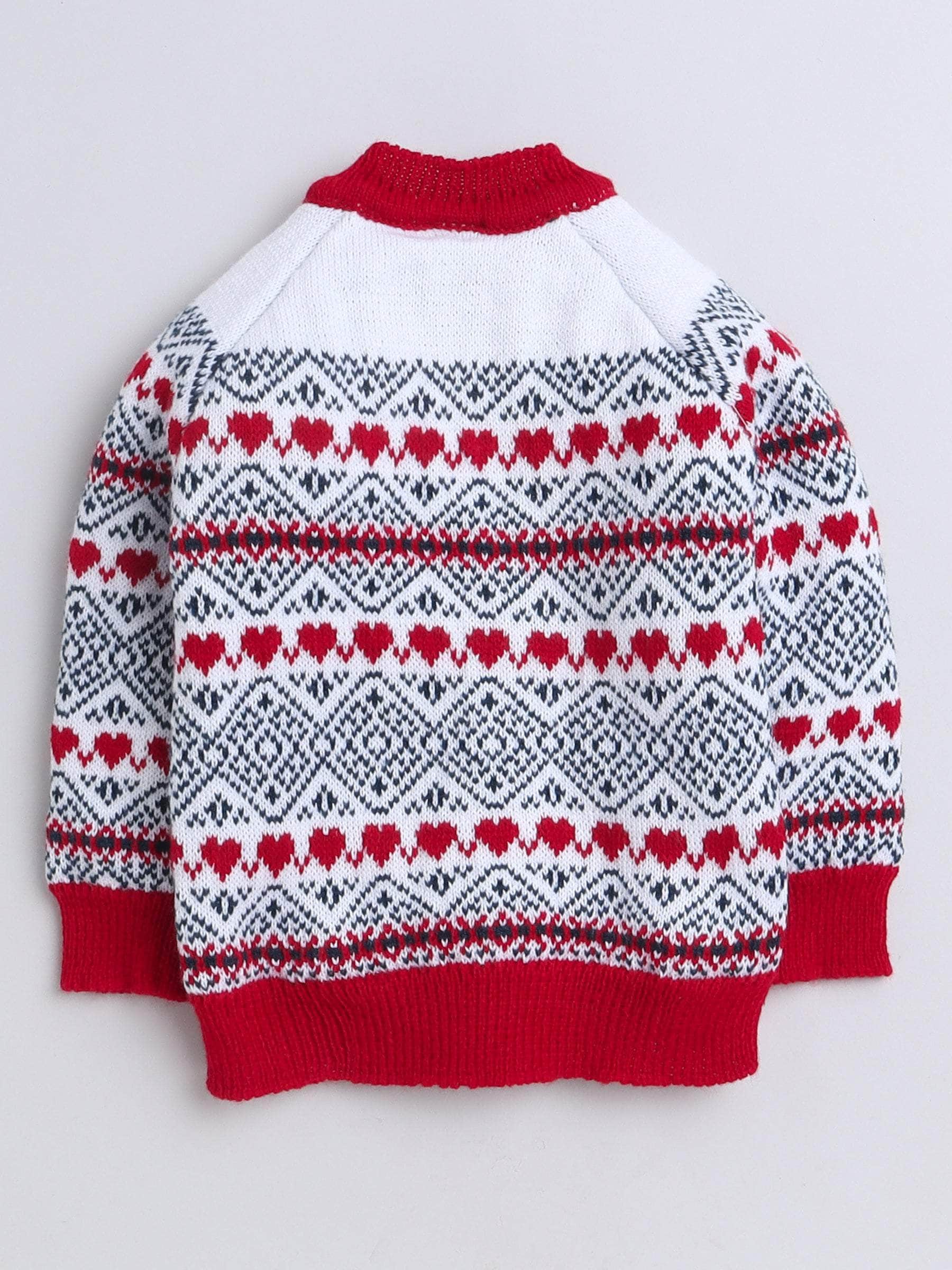 Little Angels Little Angels V-Neck Full Sleeves Fair Isle Red & White Cardigan, Pants, Cap & Socks Sweater Sets Jolly Hearts Winter Knit Set