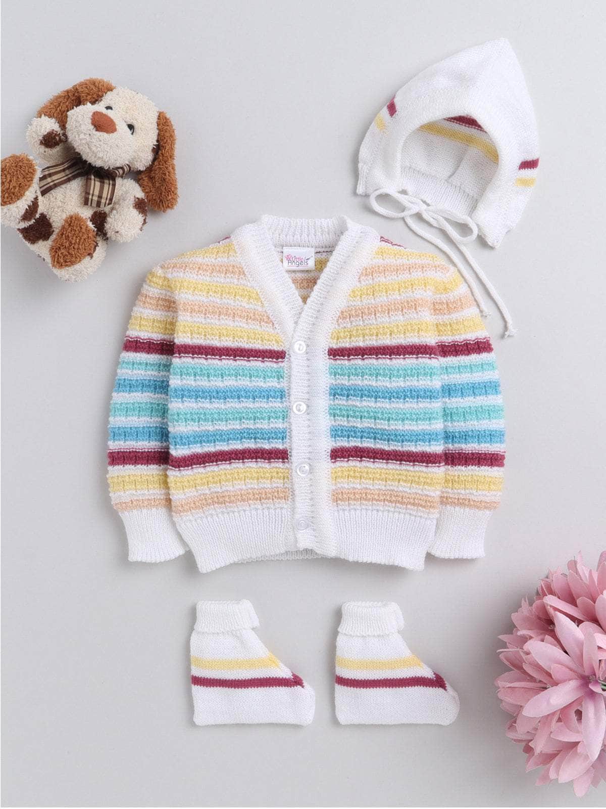 Little Angels Little Angels Sweater Set Baby Wool Full Sleeves V-Neck Striped Cream 3-Piece Set Sweater Sets Lil Firecracker Winter Wear Set