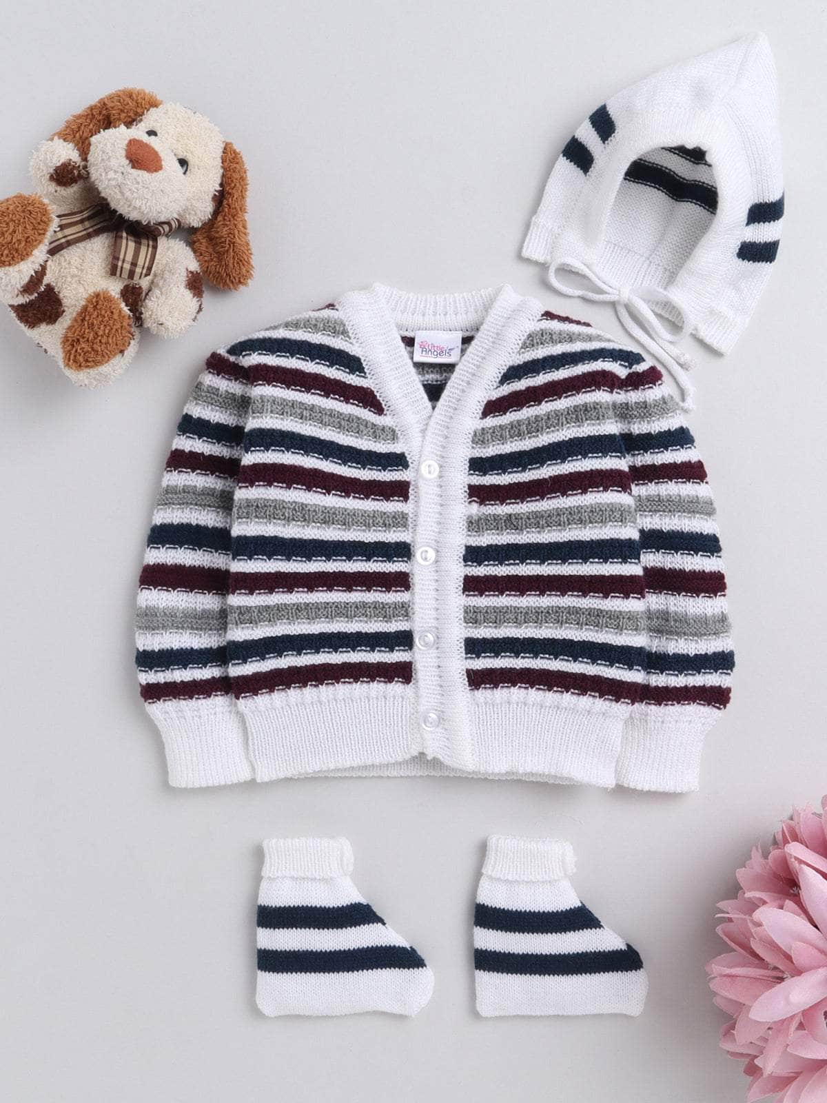 Little Angels Little Angels Sweater Set Baby Wool Full Sleeves V-Neck Striped Cream 3-Piece Set Sweater Sets Lil Firecracker Winter Wear Set