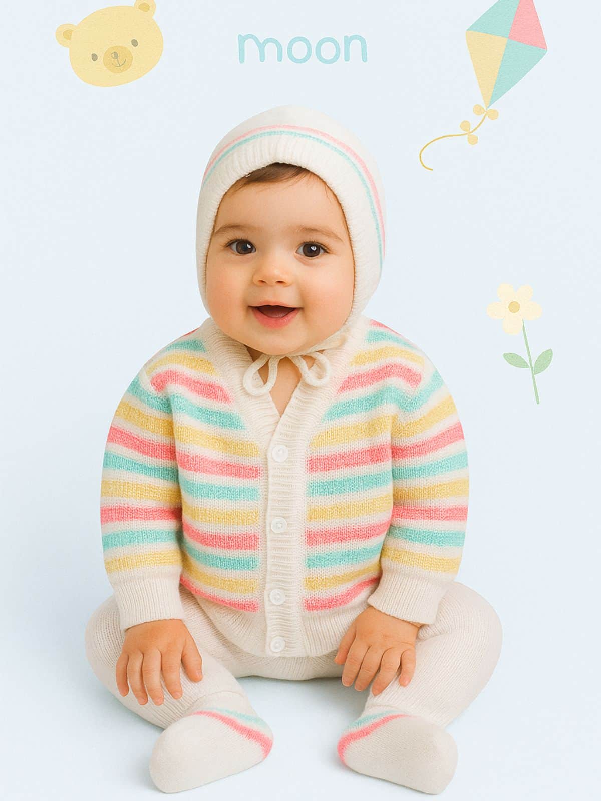 Little Angels Little Angels Sweater Set Baby Wool Full Sleeves V-Neck Striped Cream 3-Piece Set Sweater Sets Lil Firecracker Winter Wear Set