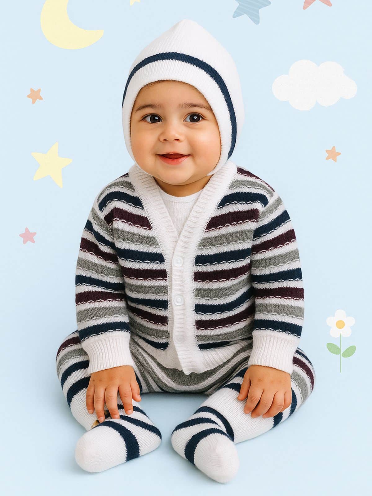 Little Angels Little Angels Sweater Set Baby Wool Full Sleeves V-Neck Striped Cream 3-Piece Set Sweater Sets Lil Firecracker Winter Wear Set