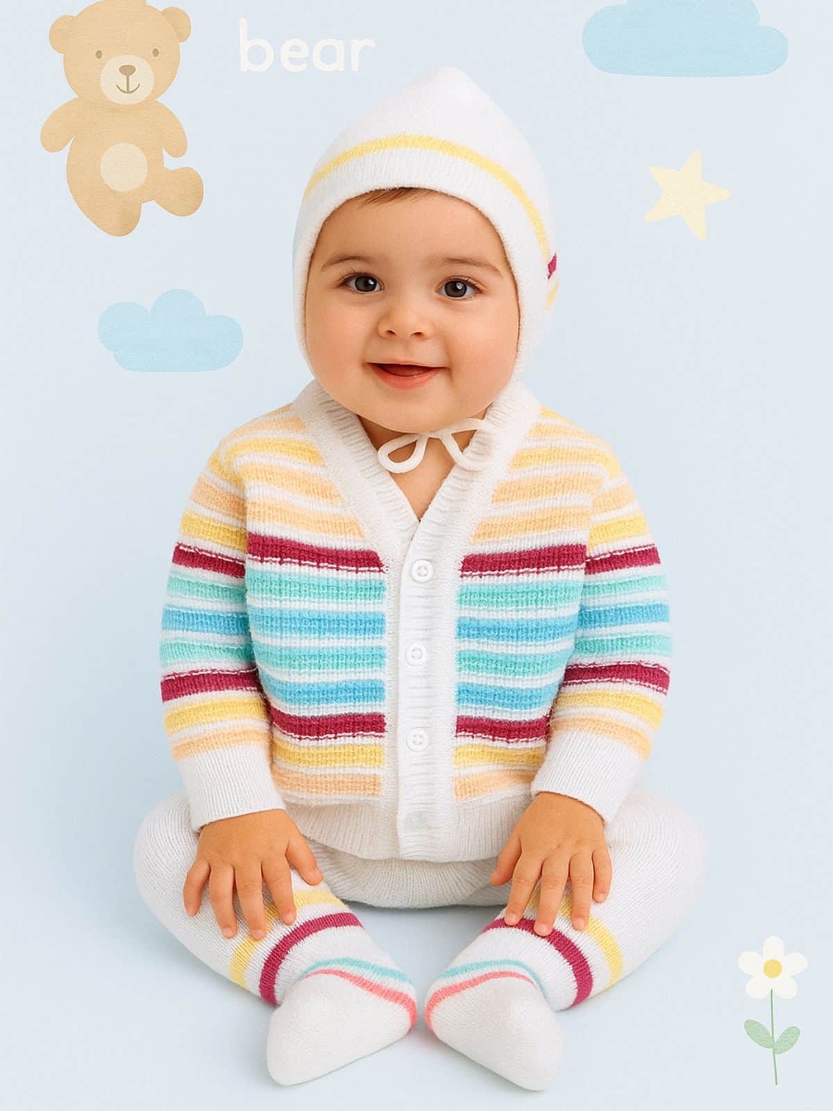 Little Angels Little Angels Sweater Set Baby Wool Full Sleeves V-Neck Striped Cream 3-Piece Set Sweater Sets Lil Firecracker Winter Wear Set
