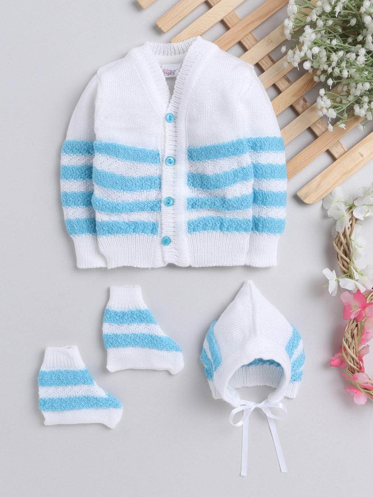 Little Angels Little Angels V-Neck Full Sleeves Full Sleeves Striped Cardigan, Tie-Knot Cap and Socks Sweater Sets Little Arrows Feather-Touch Outfit 0-3M / Baby Wool / Blue