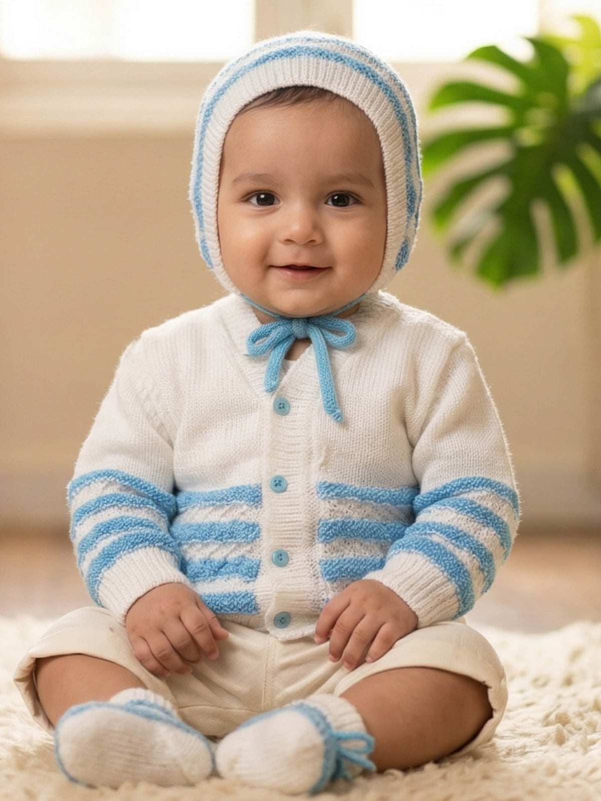 Blue striped 3-piece baby wool sweater set for newborn 0-12 months by Little Angels