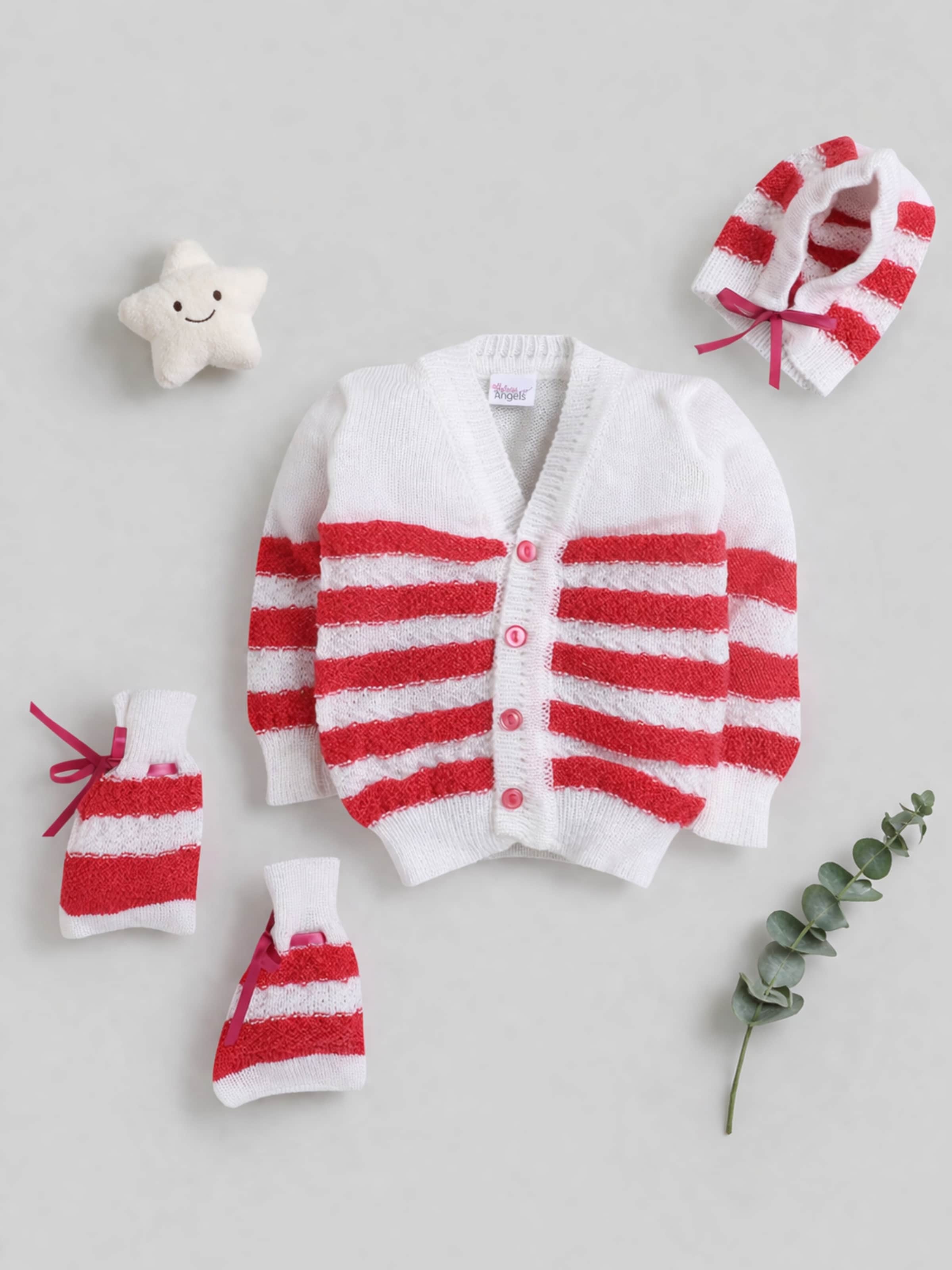 Little Angels Little Angels V-Neck Full Sleeves Full Sleeves Striped Cardigan, Tie-Knot Cap and Socks Sweater Sets Little Arrows Feather-Touch Outfit 0-3M / Fuschsia / Baby Wool