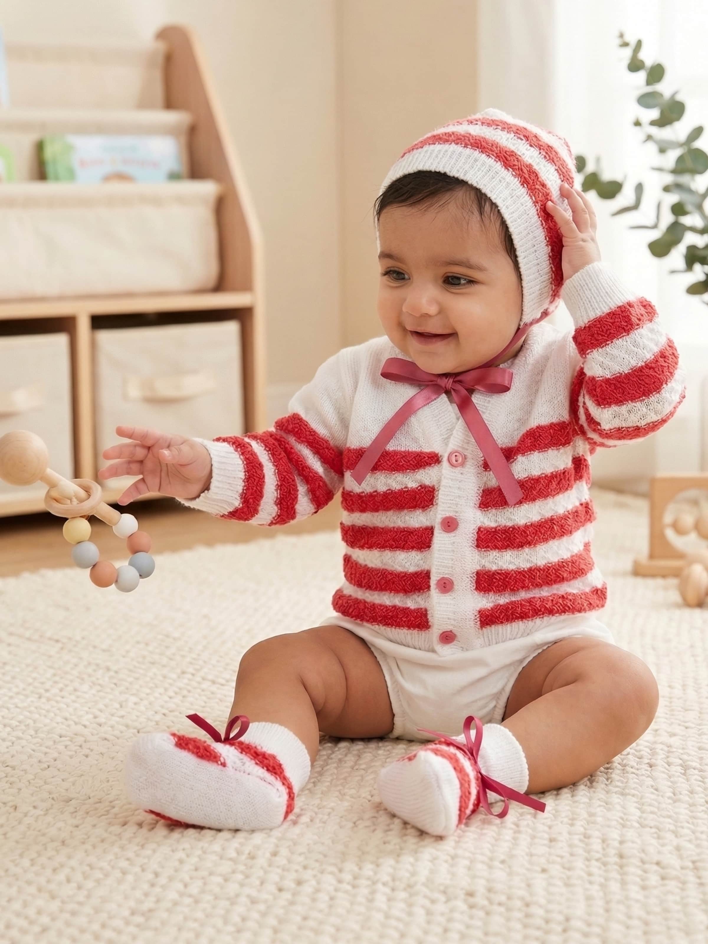 Little Angels Little Angels V-Neck Full Sleeves Full Sleeves Striped Cardigan, Tie-Knot Cap and Socks Sweater Sets Little Arrows Feather-Touch Outfit