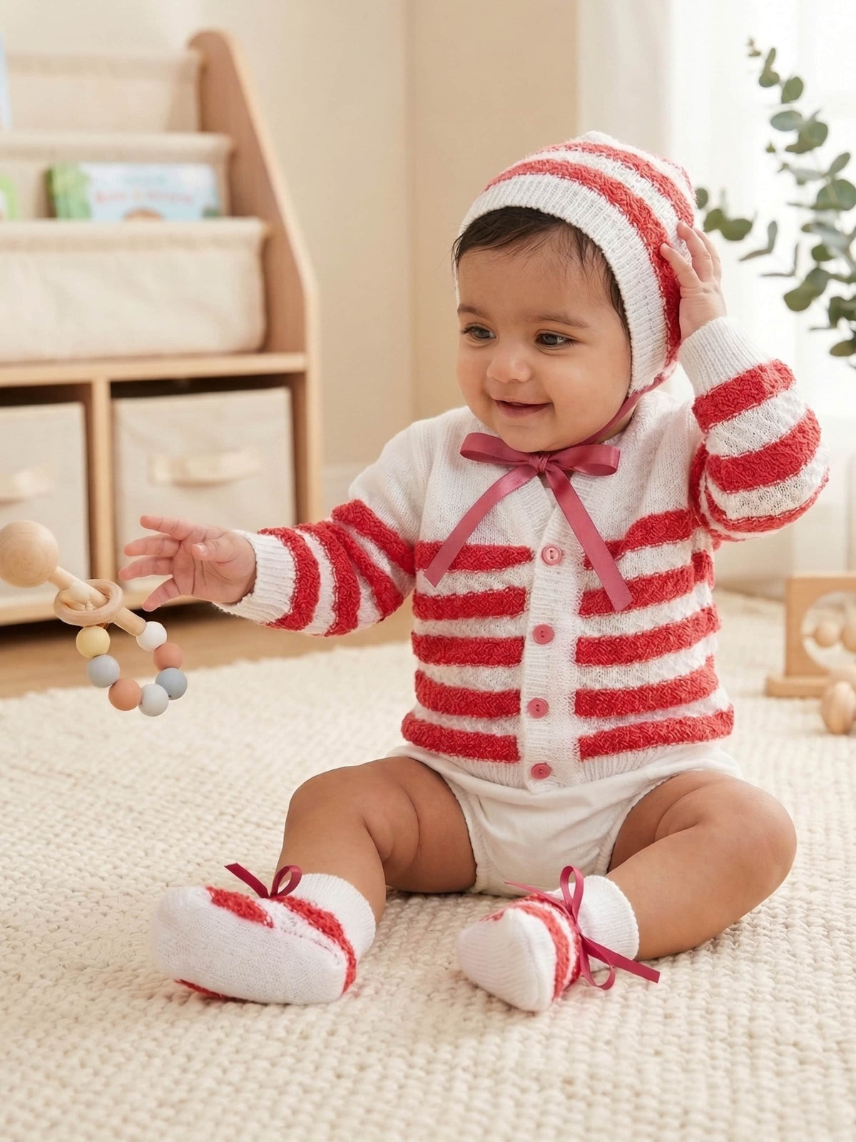 Little Angels Little Angels V-Neck Full Sleeves Full Sleeves Striped Cardigan, Tie-Knot Cap and Socks Sweater Sets Little Arrows Feather-Touch Outfit