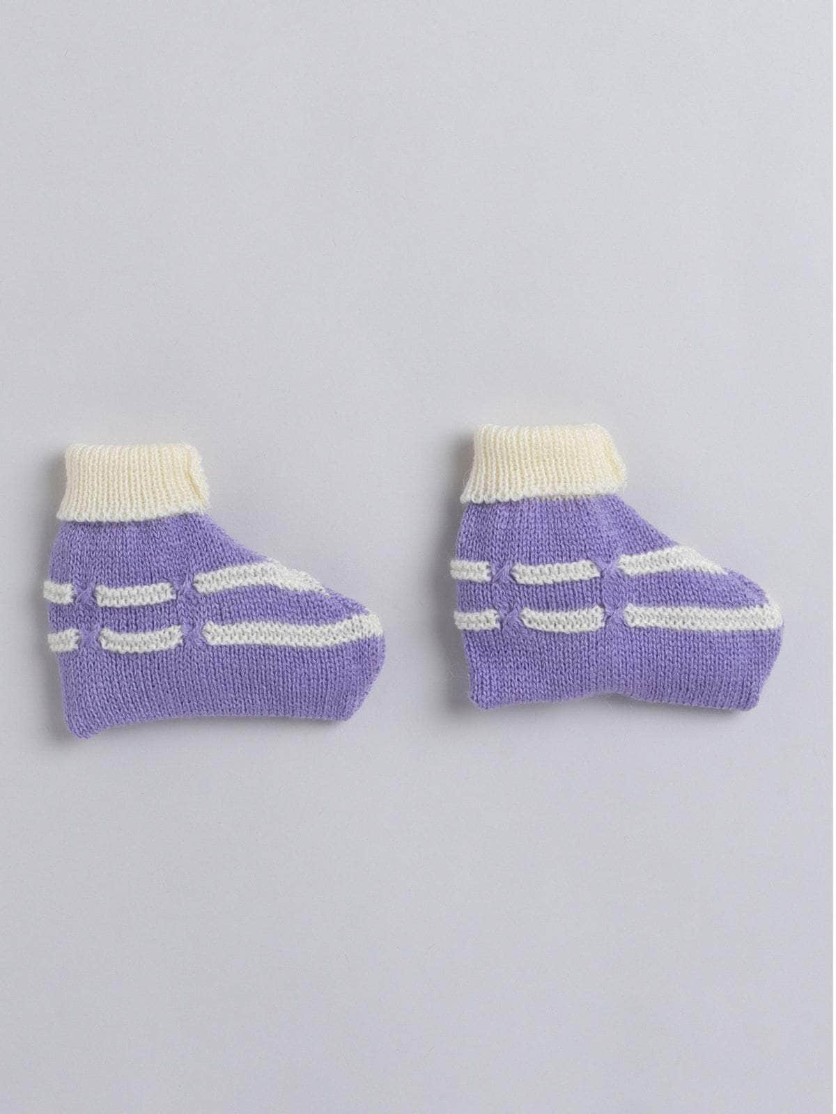Little Angels Little Angels V-Neck Full Sleeves Striped Cream & Violet Cardigan, Pants, Cap & Socks Sweater Sets Little Bloom Knitwear Set