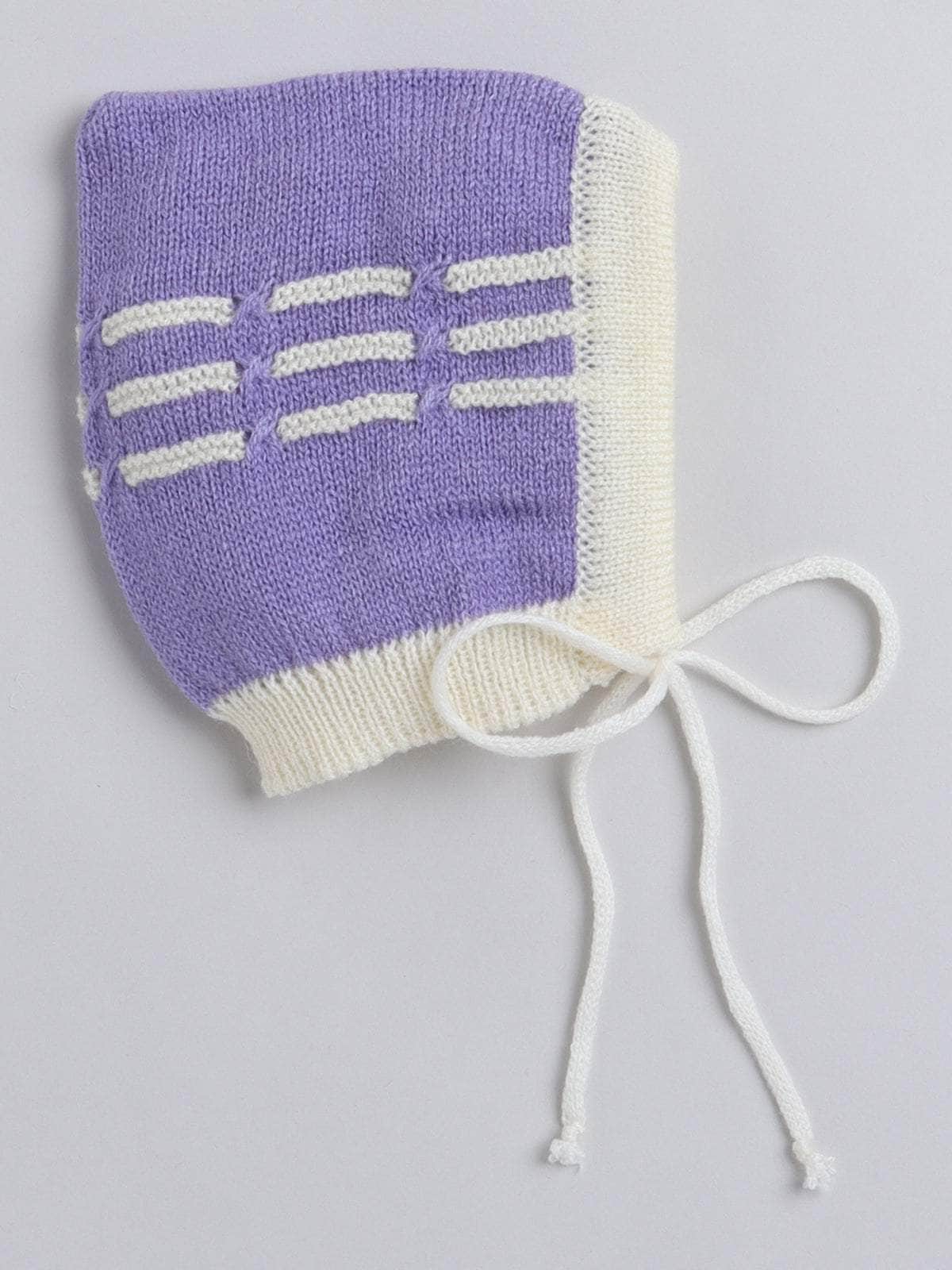 Little Angels Little Angels V-Neck Full Sleeves Striped Cream & Violet Cardigan, Pants, Cap & Socks Sweater Sets Little Bloom Knitwear Set