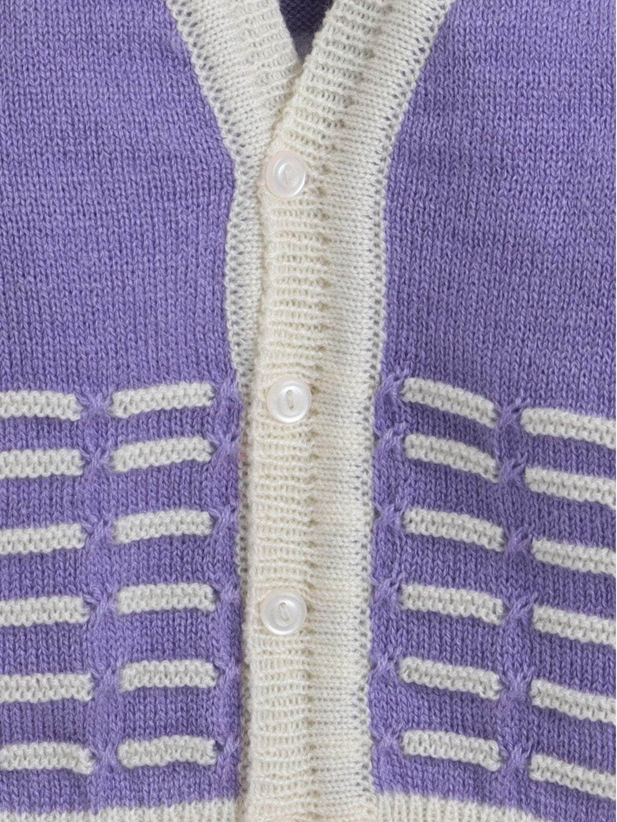 Little Angels Little Angels V-Neck Full Sleeves Striped Cream & Violet Cardigan, Pants, Cap & Socks Sweater Sets Little Bloom Knitwear Set