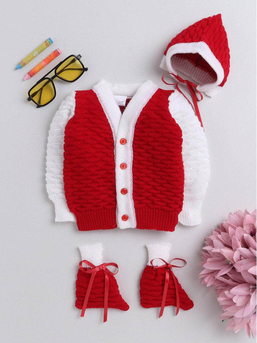 Red colour-block 3-piece baby wool sweater set for newborn 0-12 months, V-neck by Little Angels
