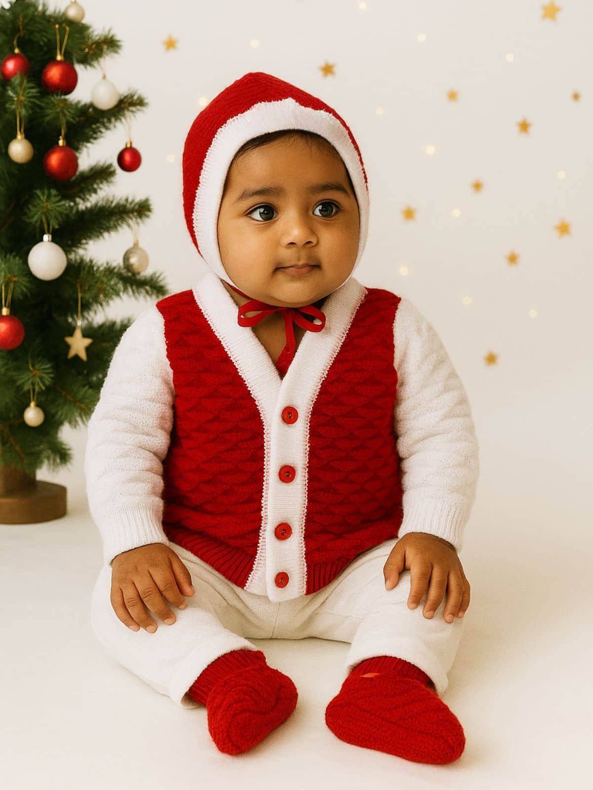 Little Angels Little Angels V-Neck Full Sleeves Full Sleeves Colour-Block Cardigan, Tie-Knot Cap and Socks Sweater Sets Little Cupid Knitwear Set