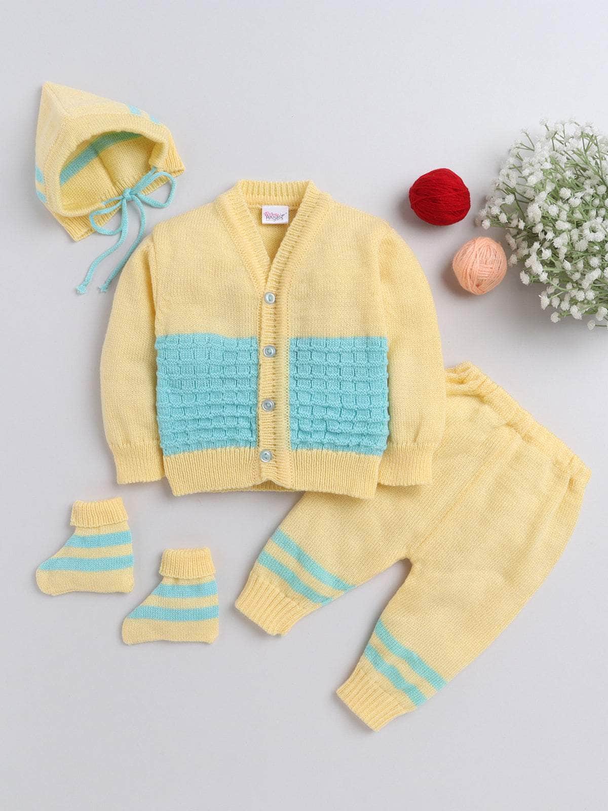 Little Angels Little Angels V-Neck Full Sleeves Color-Block Yellow & Green Cardigan, Pants, Cap & Socks Sweater Sets Mellow Hues Cozy Baby Set 0-3M / Yellow & Green / Baby Wool