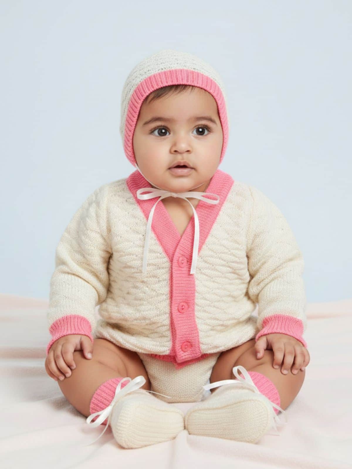 Little Angels Little Angels Sweater Set Baby Wool Full Sleeves V-Neck Jacquard Star Design Yellow & Navy 3-Piece Set Sweater Sets Midnight Charm Cozy Knit Set