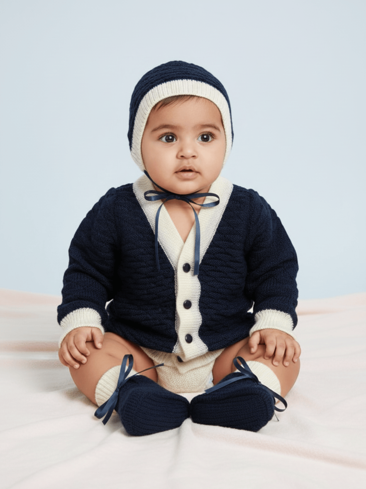 Little Angels Little Angels Sweater Set Baby Wool Full Sleeves V-Neck Jacquard Star Design Yellow & Navy 3-Piece Set Sweater Sets Midnight Charm Cozy Knit Set