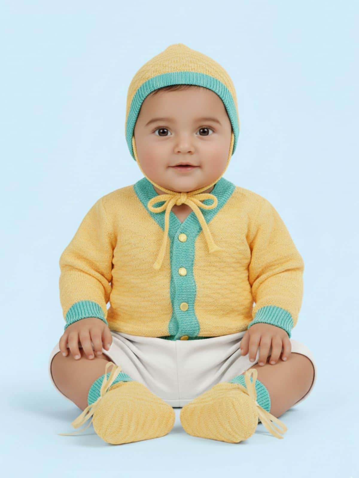 Little Angels Little Angels Sweater Set Baby Wool Full Sleeves V-Neck Jacquard Star Design Yellow & Navy 3-Piece Set Sweater Sets Midnight Charm Cozy Knit Set