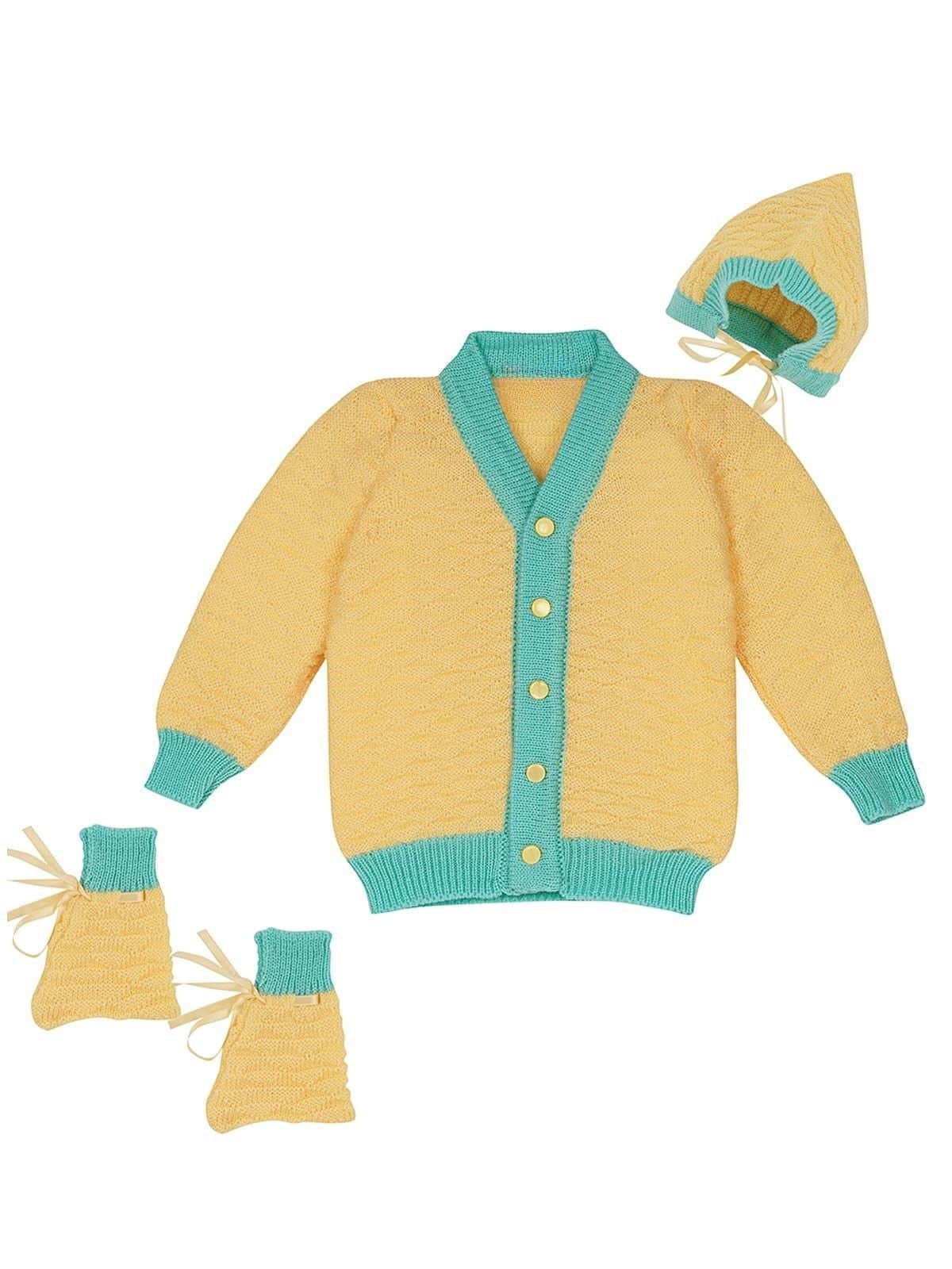 Little Angels Little Angels Sweater Set Baby Wool Full Sleeves V-Neck Jacquard Star Design Yellow & Navy 3-Piece Set Sweater Sets Midnight Charm Cozy Knit Set