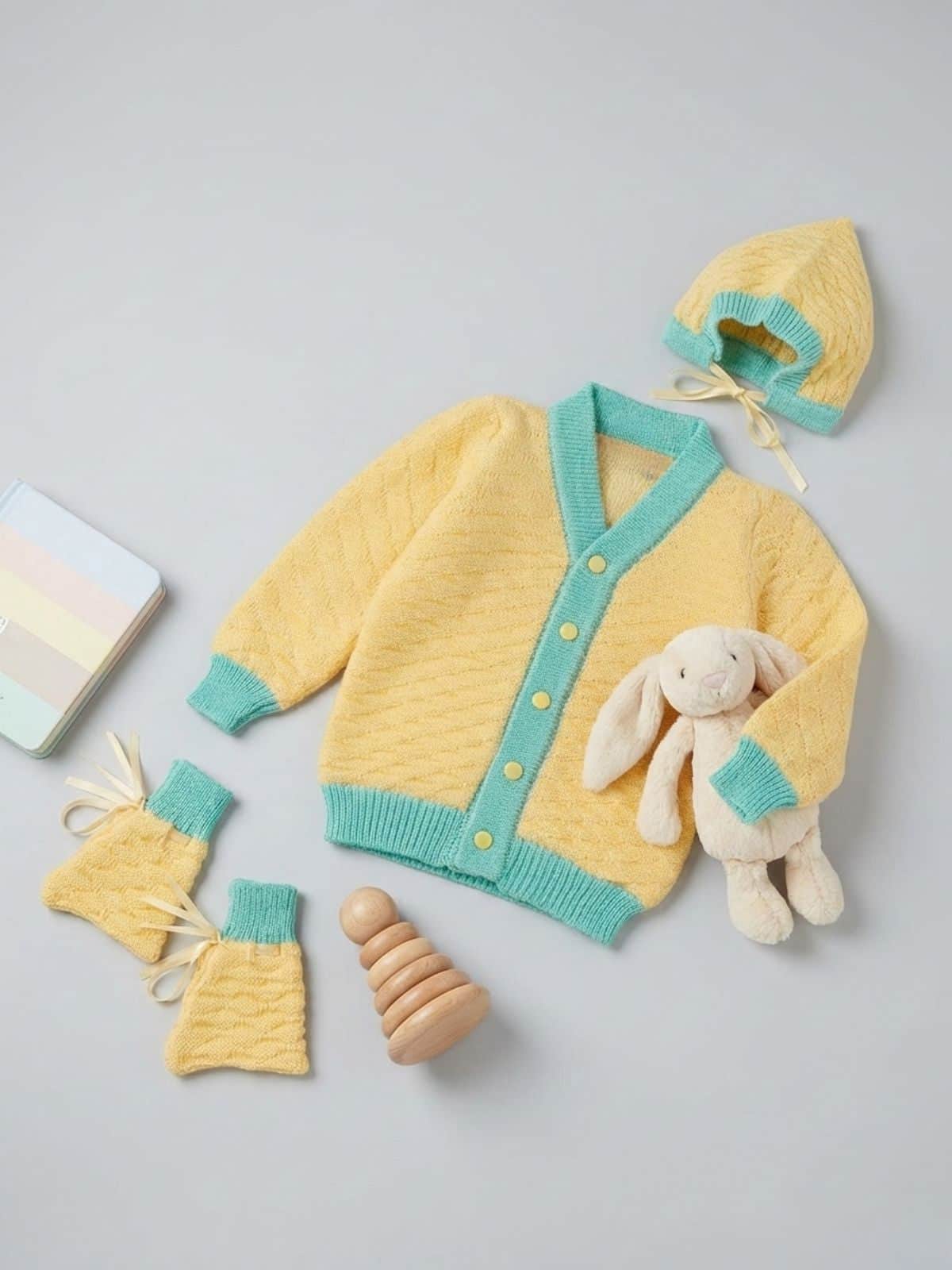 Little Angels Little Angels Sweater Set Baby Wool Full Sleeves V-Neck Jacquard Star Design Yellow & Navy 3-Piece Set Sweater Sets Midnight Charm Cozy Knit Set 6-12 M / Yellow & Green / Baby Wool