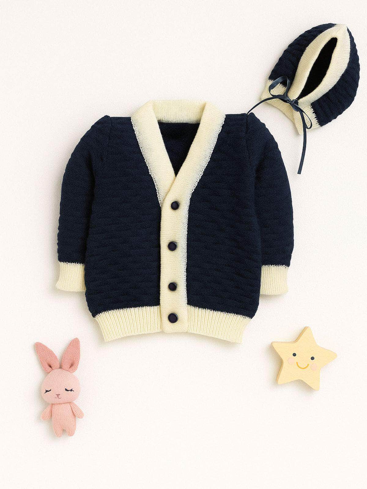 Navy & Cream star motif 3-piece baby wool sweater set for baby 6-12 months by Little Angels