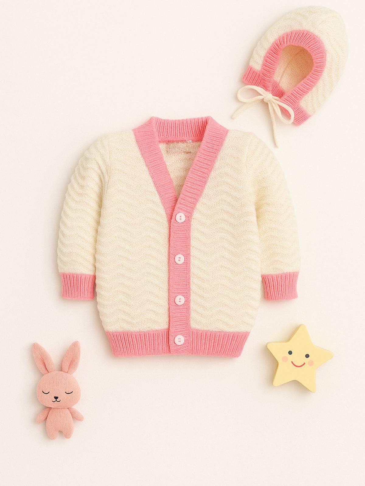 Little Angels Little Angels Sweater Set Baby Wool Full Sleeves V-Neck Jacquard Star Design Yellow & Navy 3-Piece Set Sweater Sets Midnight Charm Cozy Knit Set 6-12M / NeonPink & White / Baby Wool