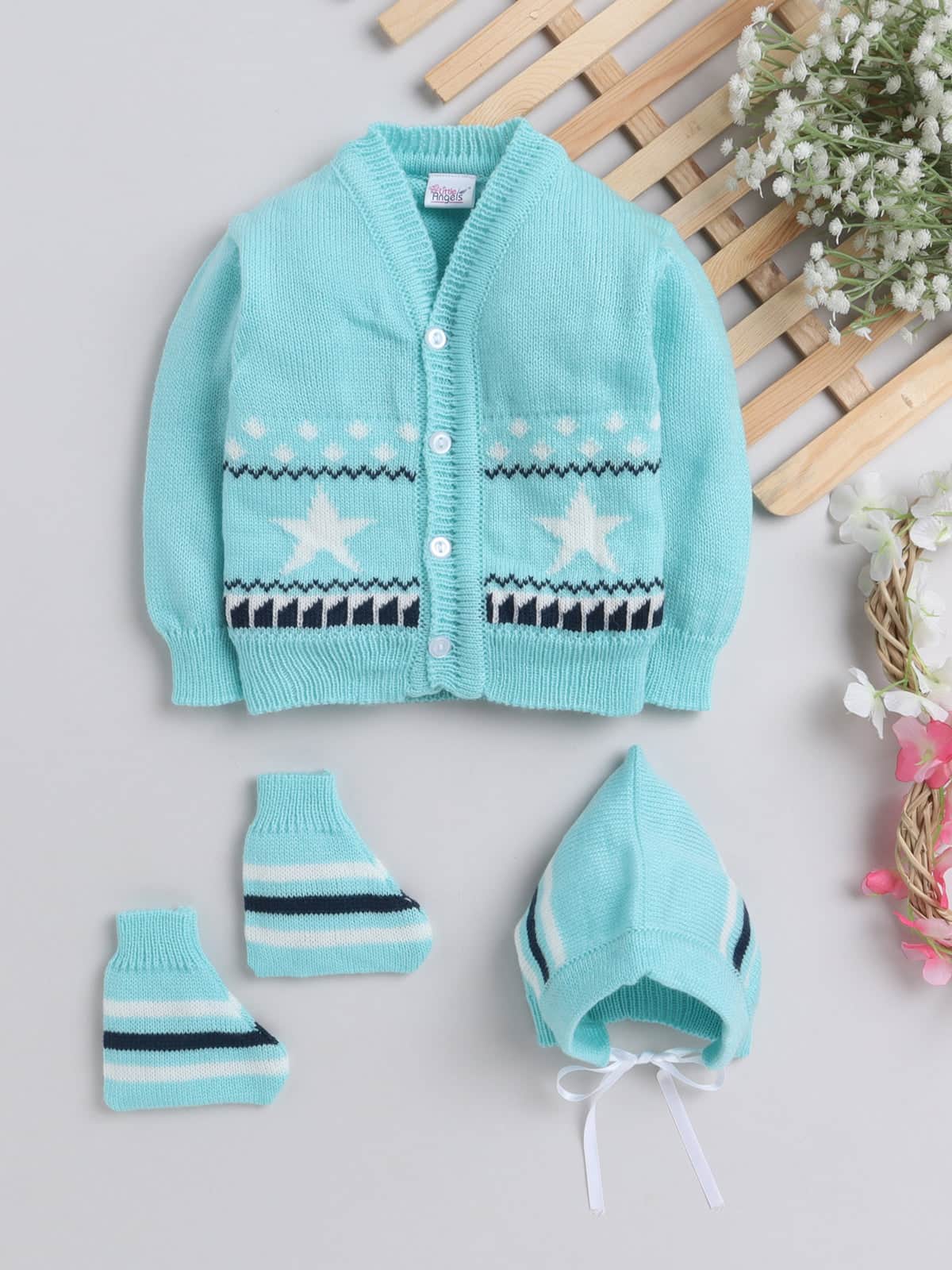 Little Angels Little Angels V-Neck Full Sleeves Full Sleeves Star Cardigan, Tie-Knot Cap and Socks Sweater Sets Mini Explorer Winter Outfit 0-3M / Green / Baby Wool