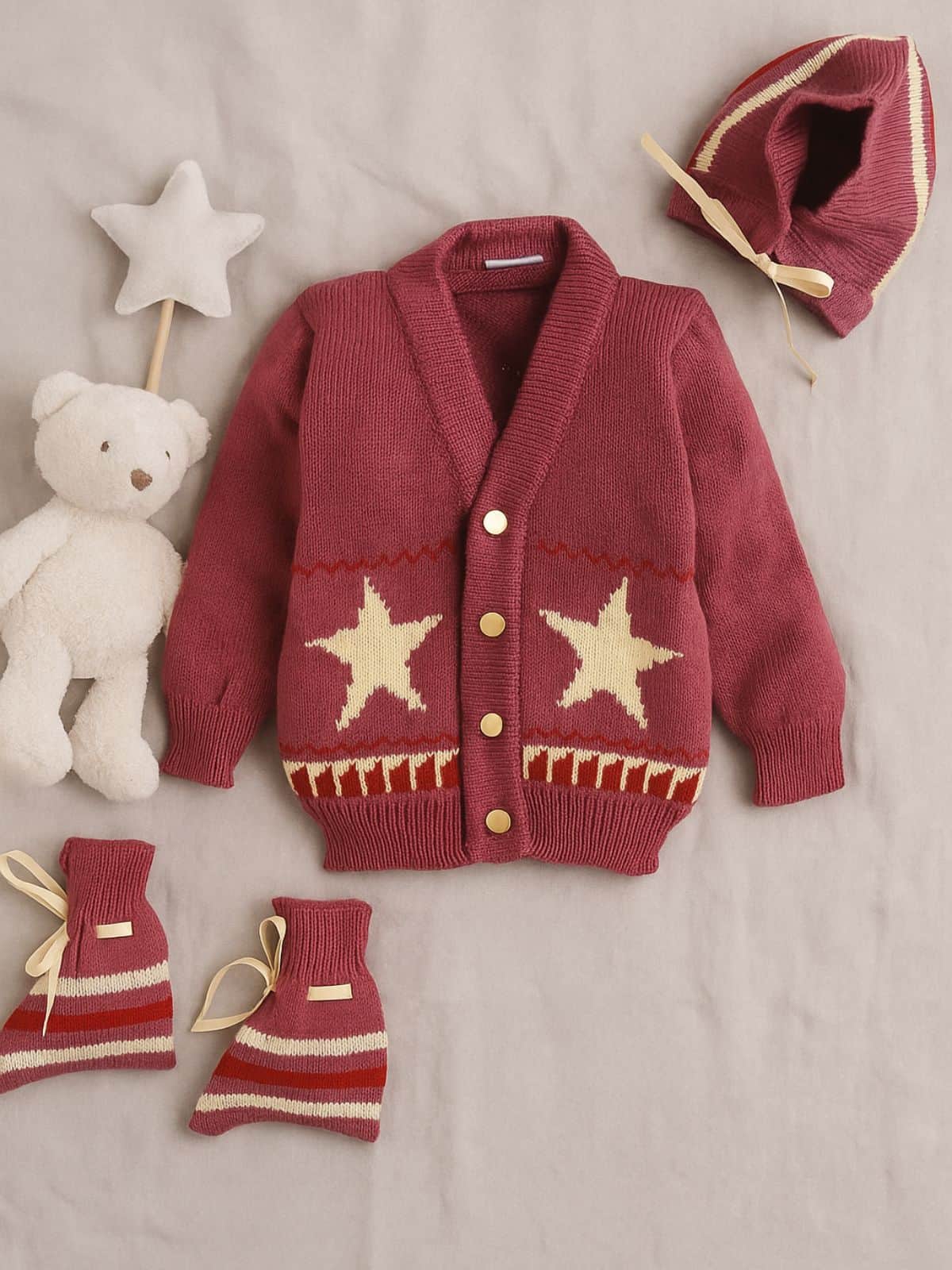 Little Angels Little Angels V-Neck Full Sleeves Full Sleeves Star Cardigan, Tie-Knot Cap and Socks Sweater Sets Mini Explorer Winter Outfit 0-3M / Wine / Baby Wool