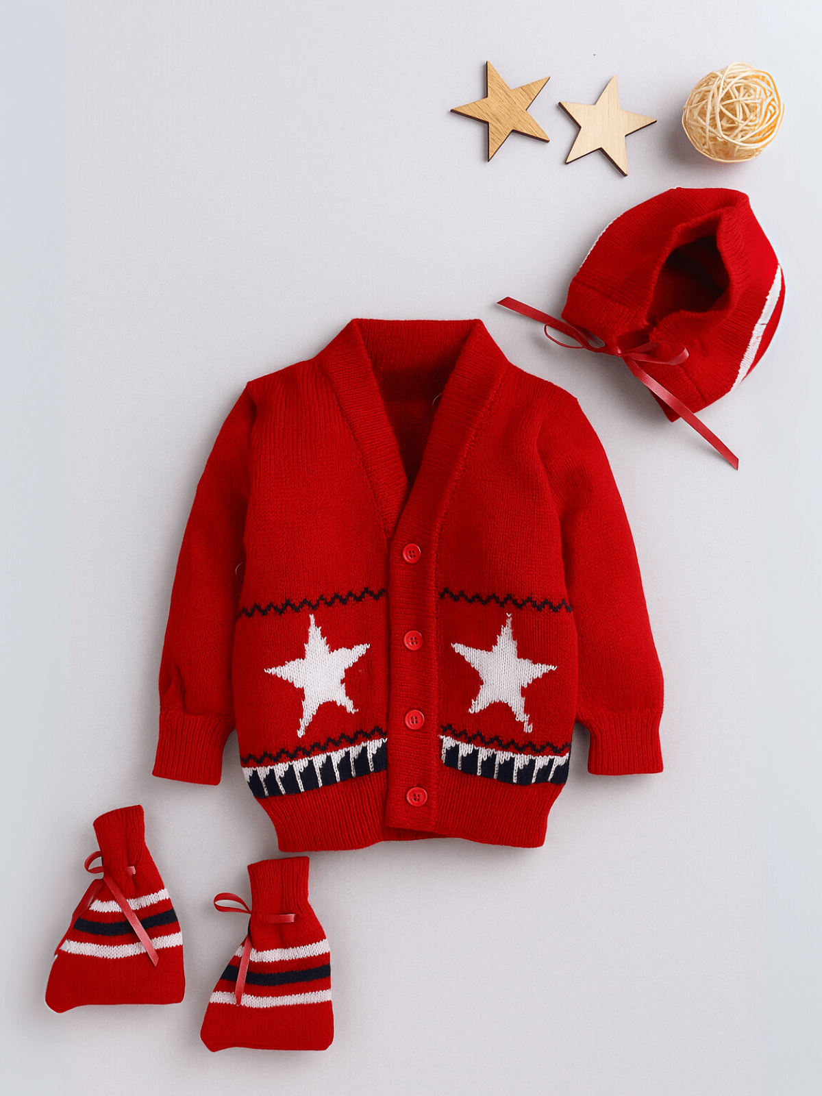 Red star motif 3-piece baby wool sweater set for newborn 0-12 months by Little Angels
