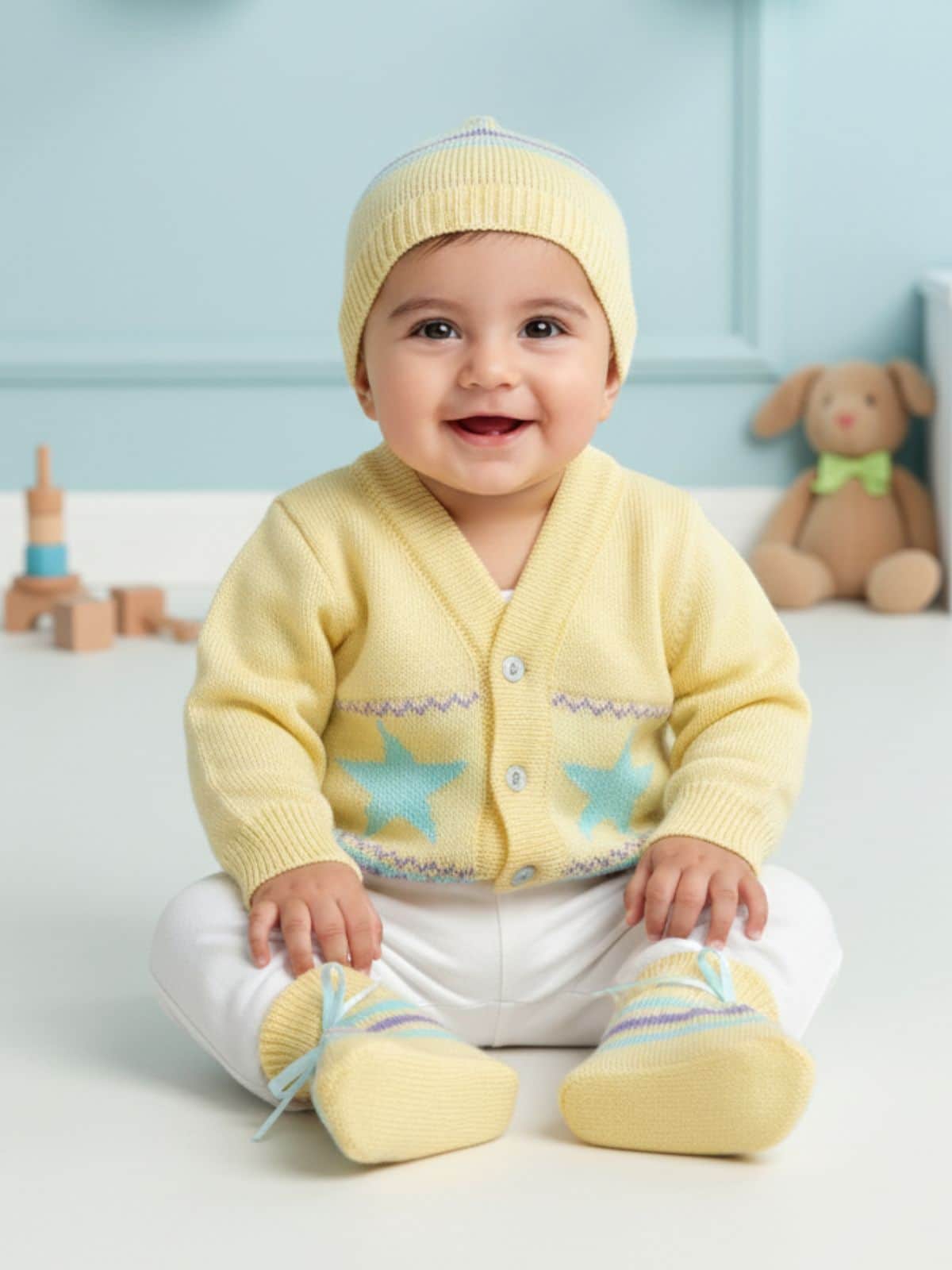 Little Angels Little Angels V-Neck Full Sleeves Full Sleeves Star Cardigan, Tie-Knot Cap and Socks Sweater Sets Mini Explorer Winter Outfit