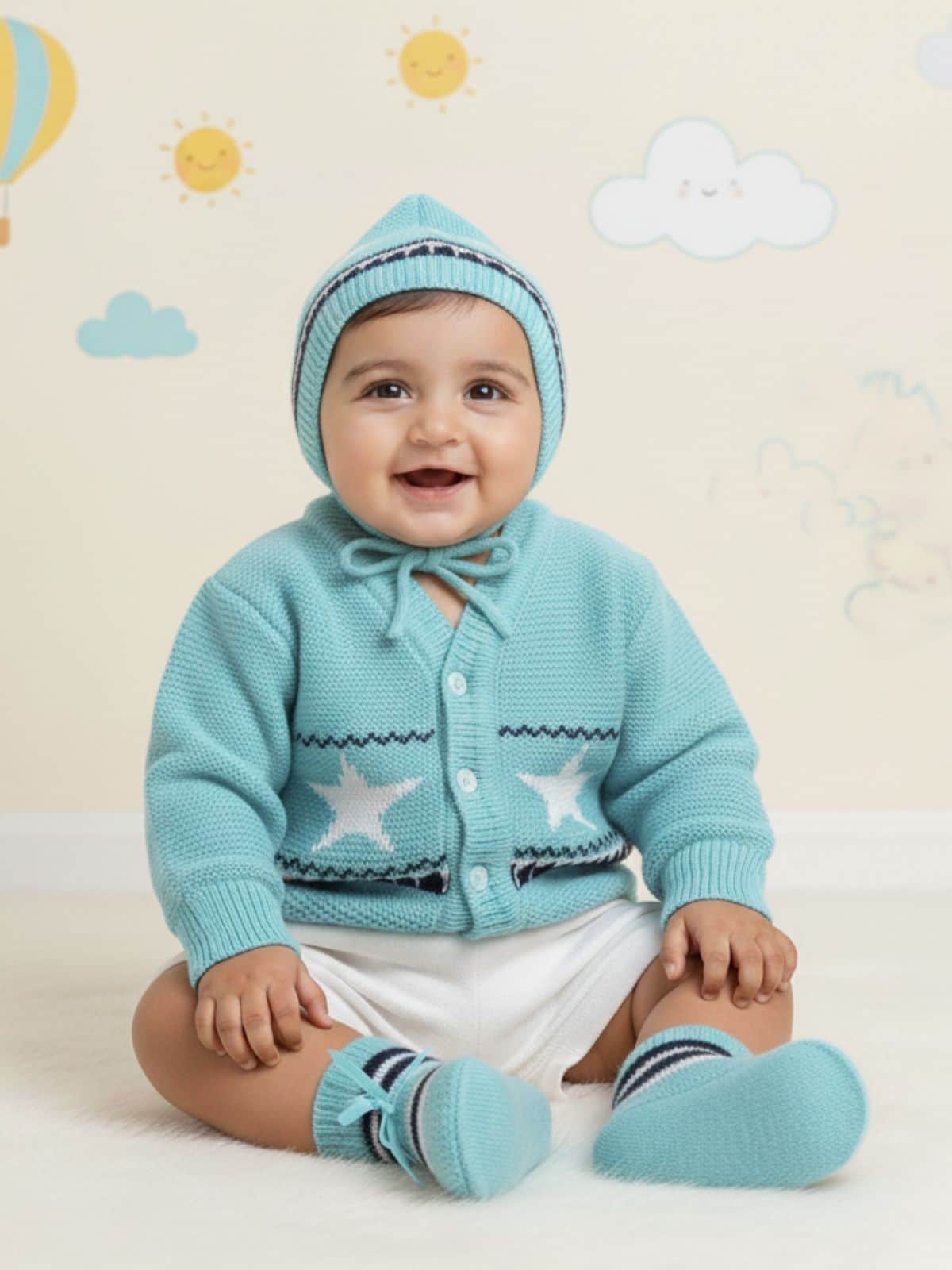 Little Angels Little Angels V-Neck Full Sleeves Full Sleeves Star Cardigan, Tie-Knot Cap and Socks Sweater Sets Mini Explorer Winter Outfit